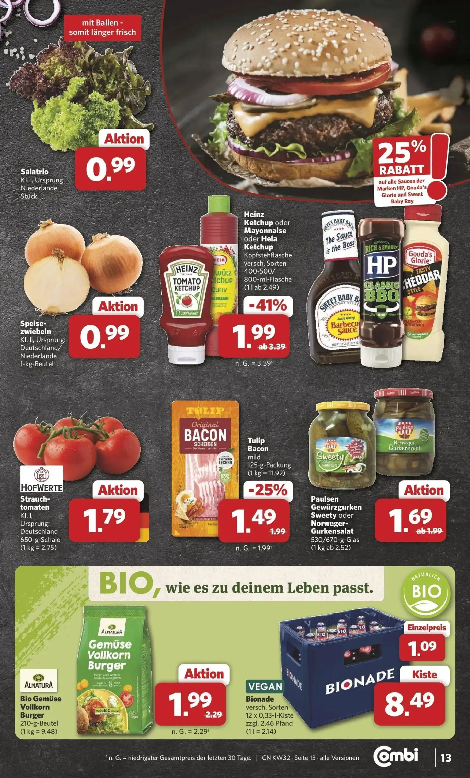Combi Prospekt Borchen (ab 03.08.2026) zum Blättern | Seite: 13 | Produkte: Burger, Tomaten, Gemüse, Mayonnaise