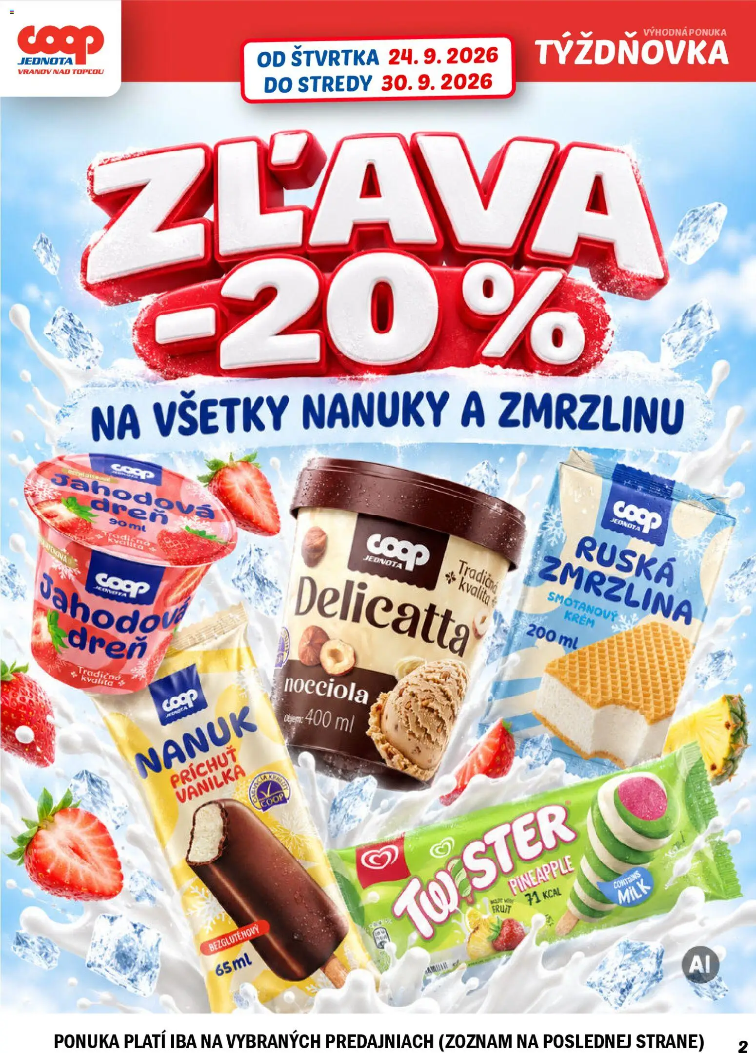 Nové COOP Jednota akcie – leták je platný od 24.09.2026 | Strana: 2 | Produkty: Nanuk, Zmrzlina, Krém, Vanilka