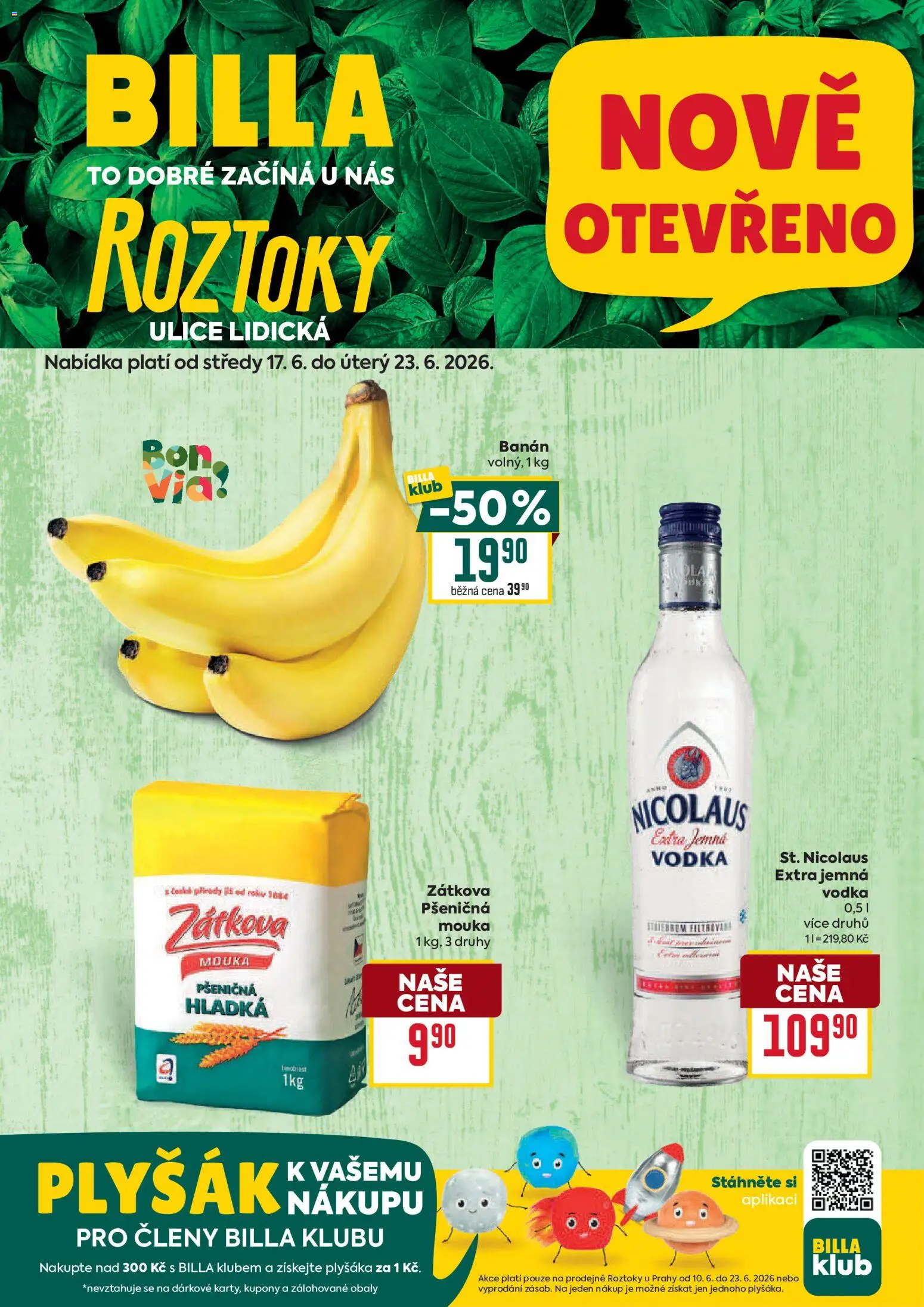 Billa leták - Roztoky od 17.06.2026 | Strana: 1 | Produkty: Vodka, Banán, Mouka, Plyšák