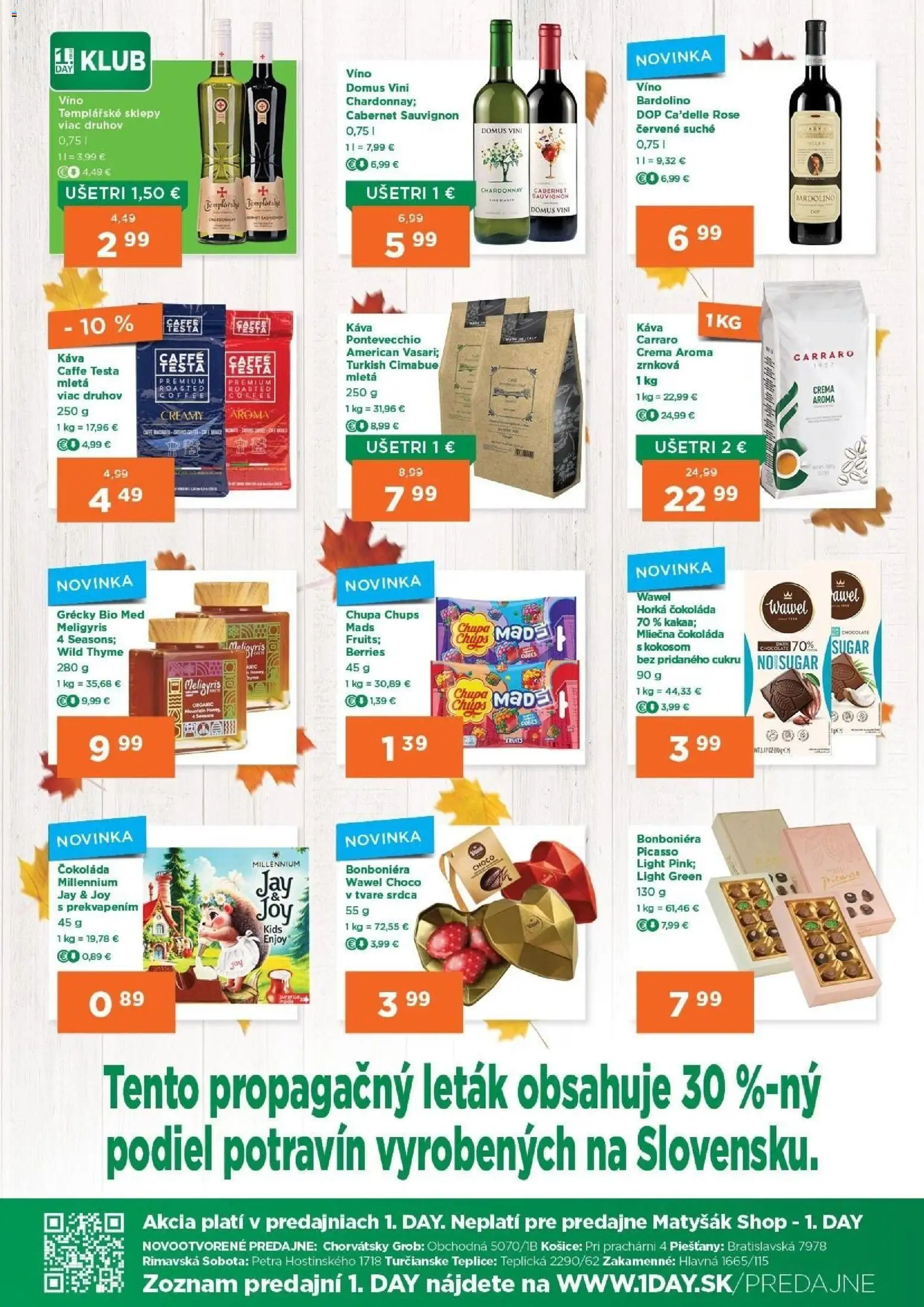 Nové 1day akcie – leták je platný od 24.09.2026 | Strana: 3 | Produkty: Káva, Víno, Čokoláda, Med