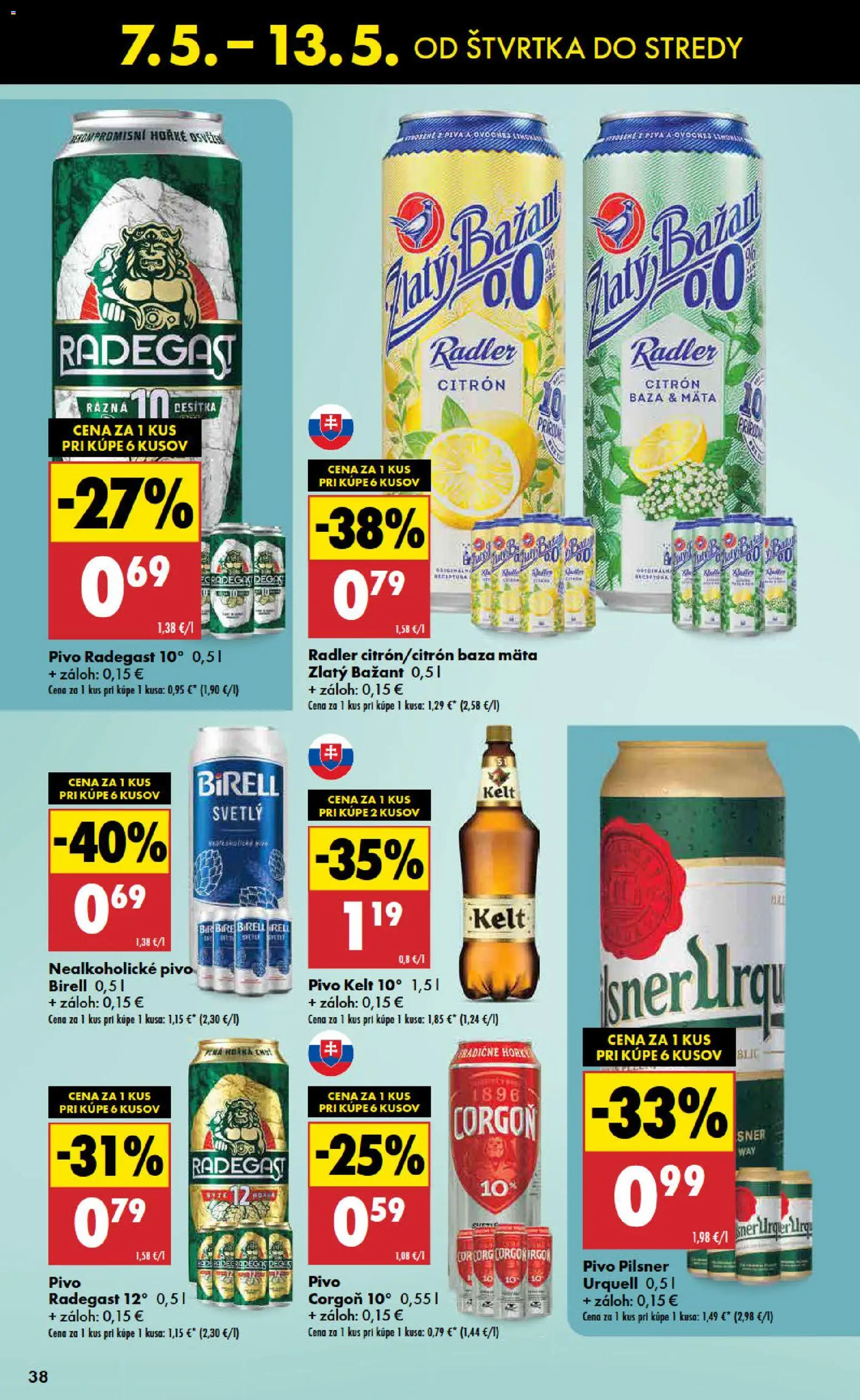 Nové Biedronka akcie – leták je platný od 07.05.2026 | Strana: 38 | Produkty: Pivo, Radegast, Radler, Zlatý Bažant