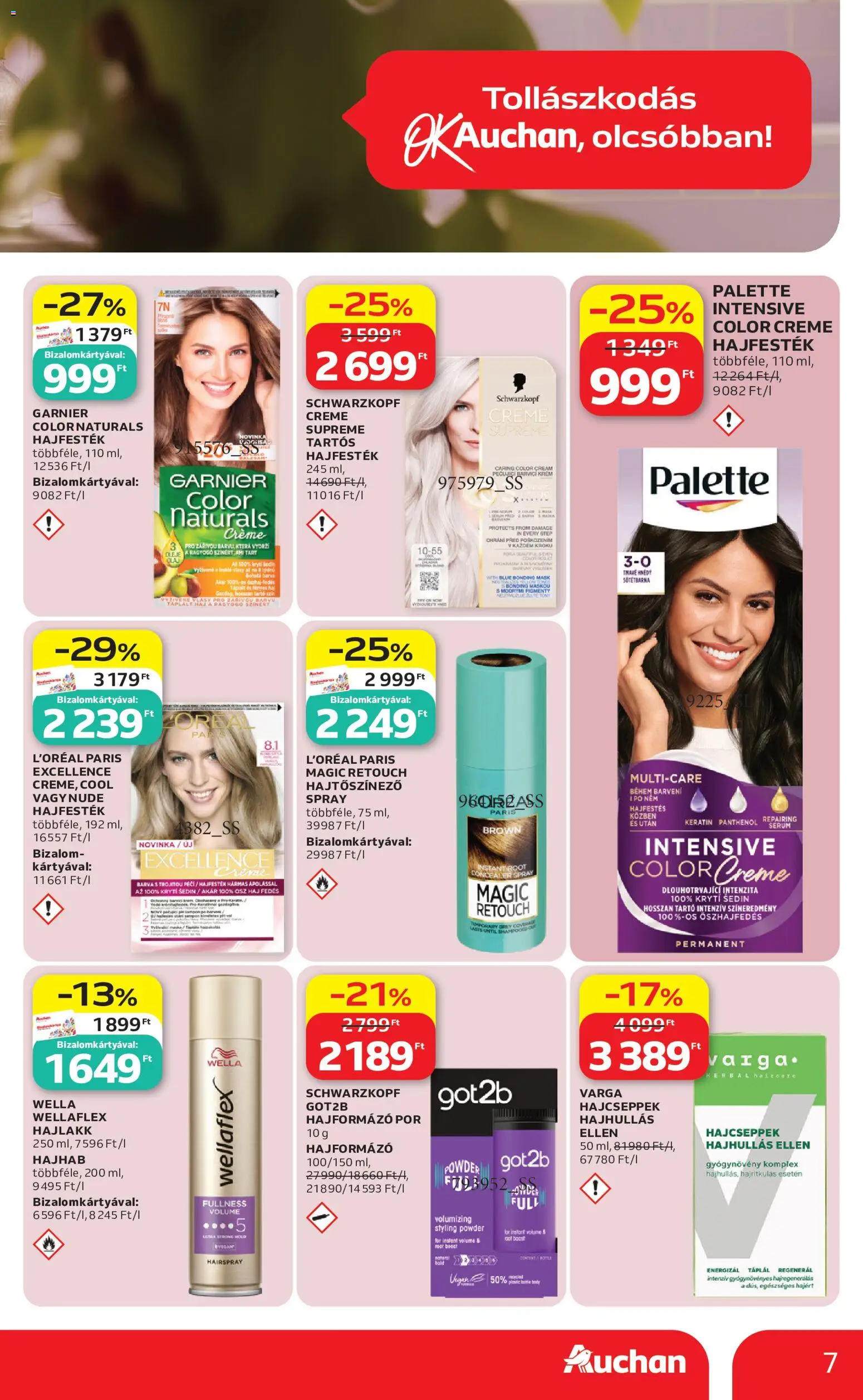 Auchan akciós ujság - amely érvényes a következő dátumtól: 04.05.2026 | Oldal: 7 | Termékek: Hajhab, Hajfesték, Hajlakk, Hal
