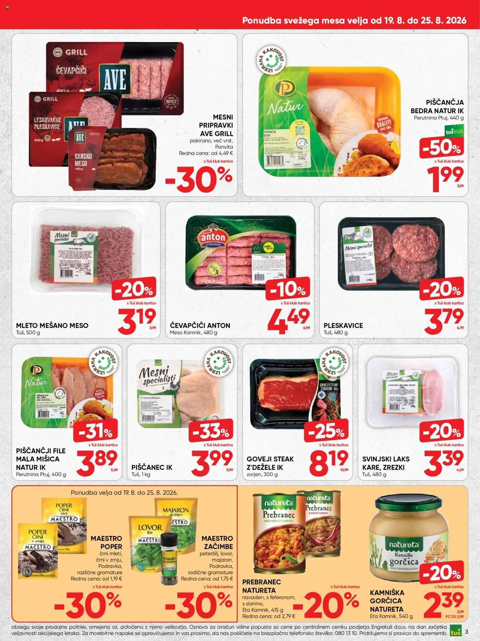 Novi Tuš katalog ponudbe – veljaven od 19.08.2026 | Stran: 3 | Izdelki: Lovor, Pleskavice, Gorčica, Zacimbe