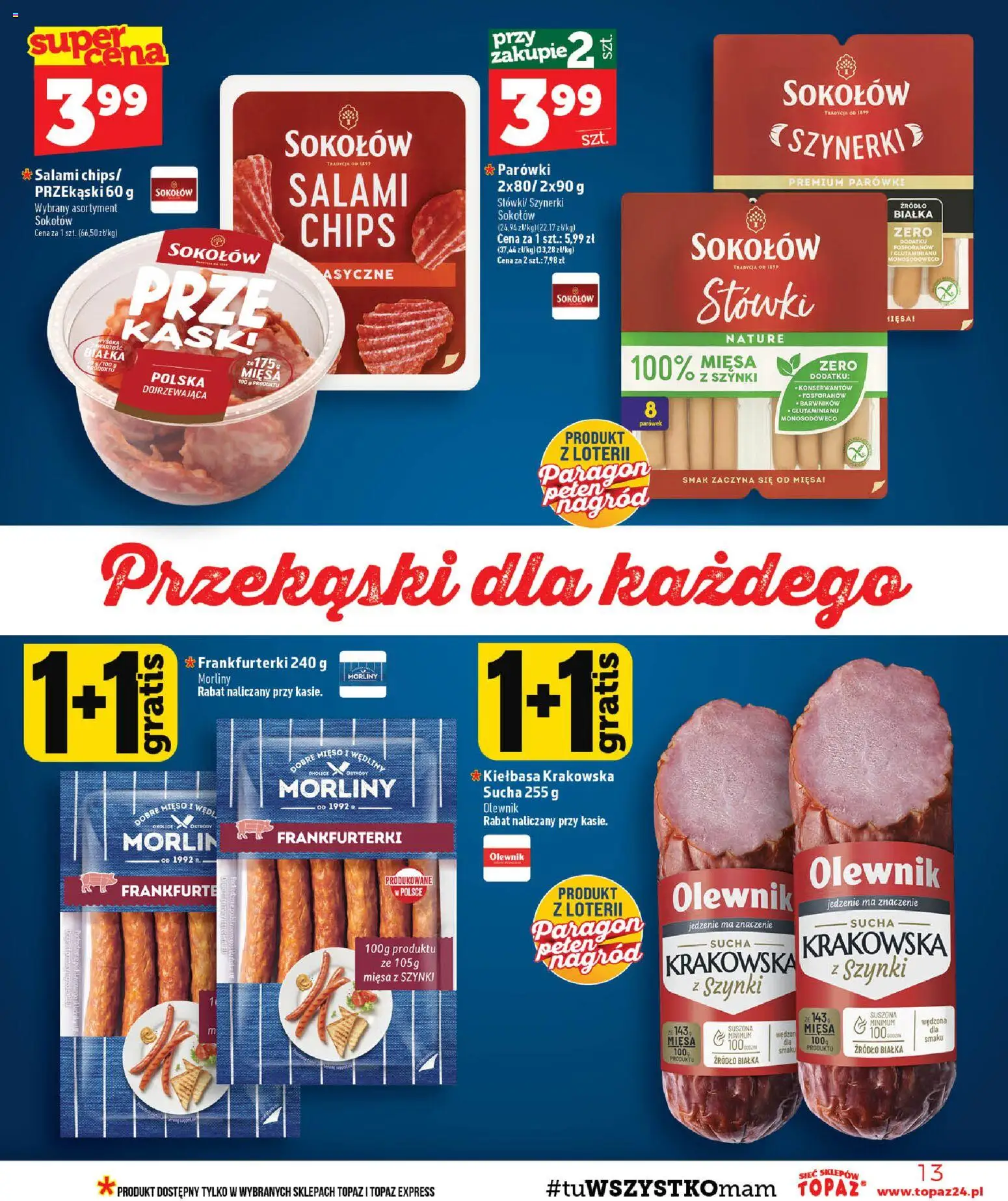 Topaz gazetka - MAZ od 03.09.2026 | Strona: 13 | Produkty: Przekąski, Frankfurterki, Krakowska sucha, Salami