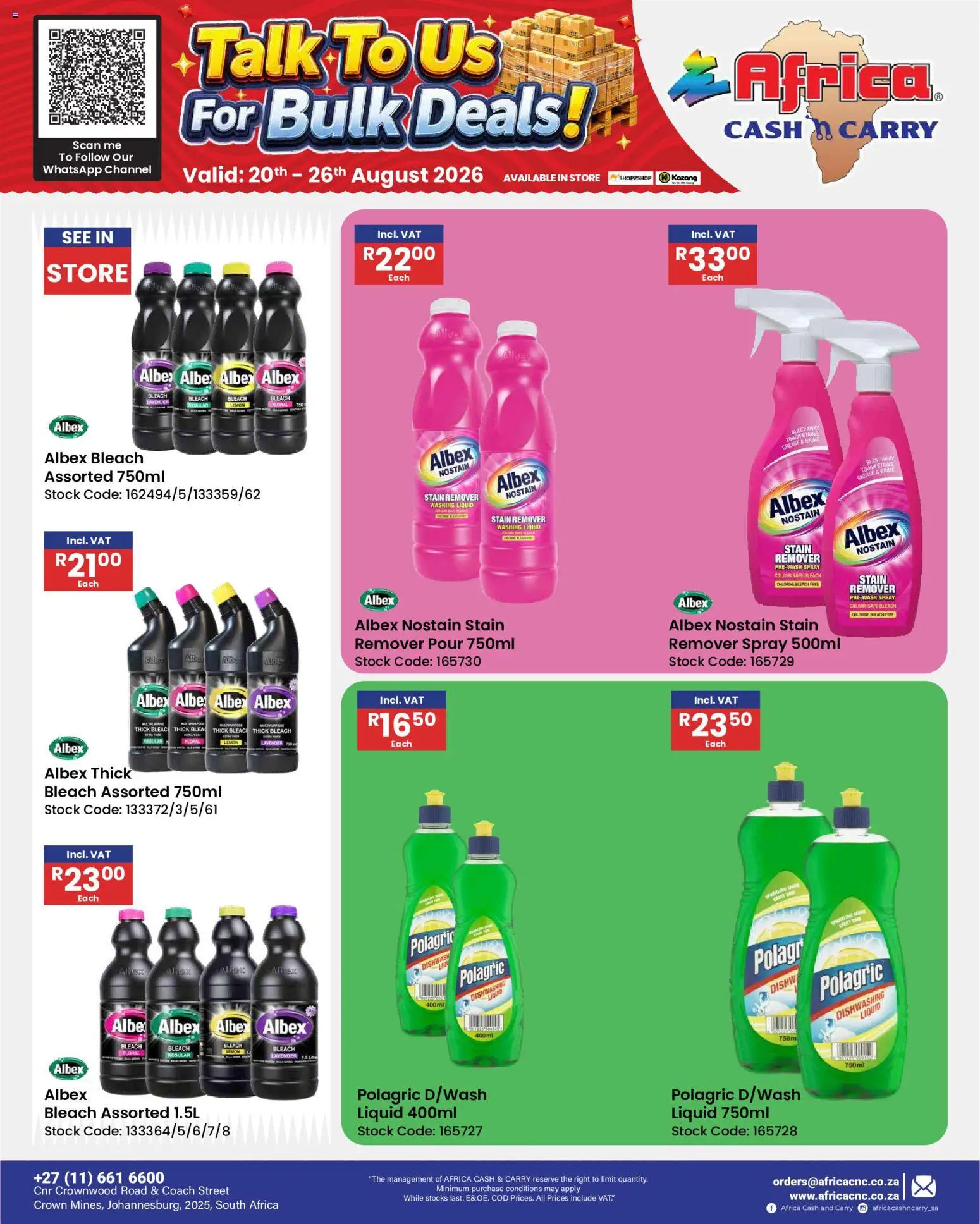 New Africa Cash & Carry catalogue – valid from 20/08/2026 | Page: 62 | Products: Bleach, Stock, Stain remover, Dishwashing liquid