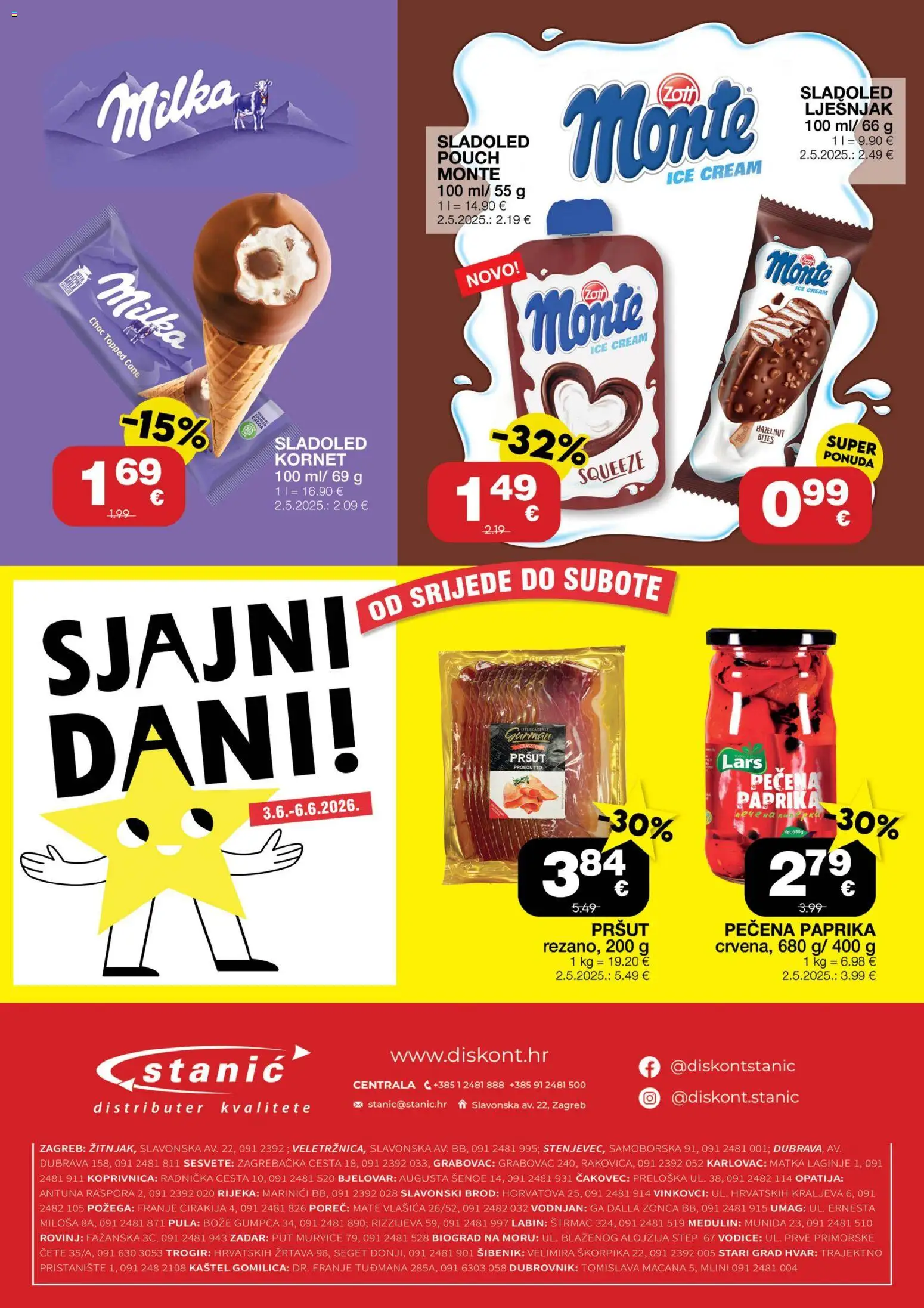 Stanić Diskont katalog | vrijedi od 28.05.2026 | Stranica: 16 | Proizvodi: Pršut, Sladoled, Milka, Kornet
