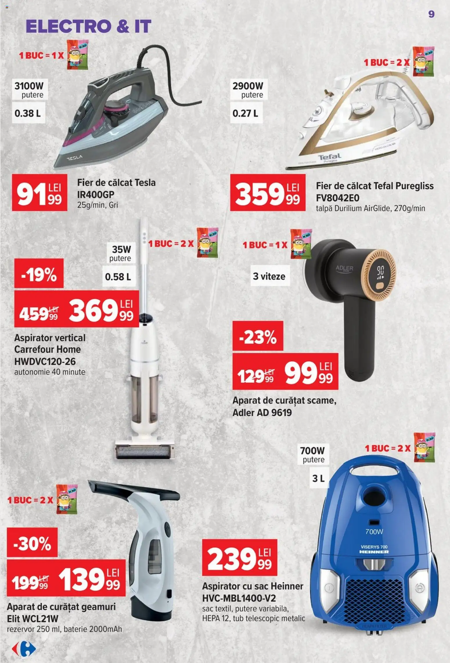 Noul catalog Carrefour – valabil de la 30.09.2026 | Pagină: 9 | Produse: Aspirator vertical, Aspirator, Aparat, Sac