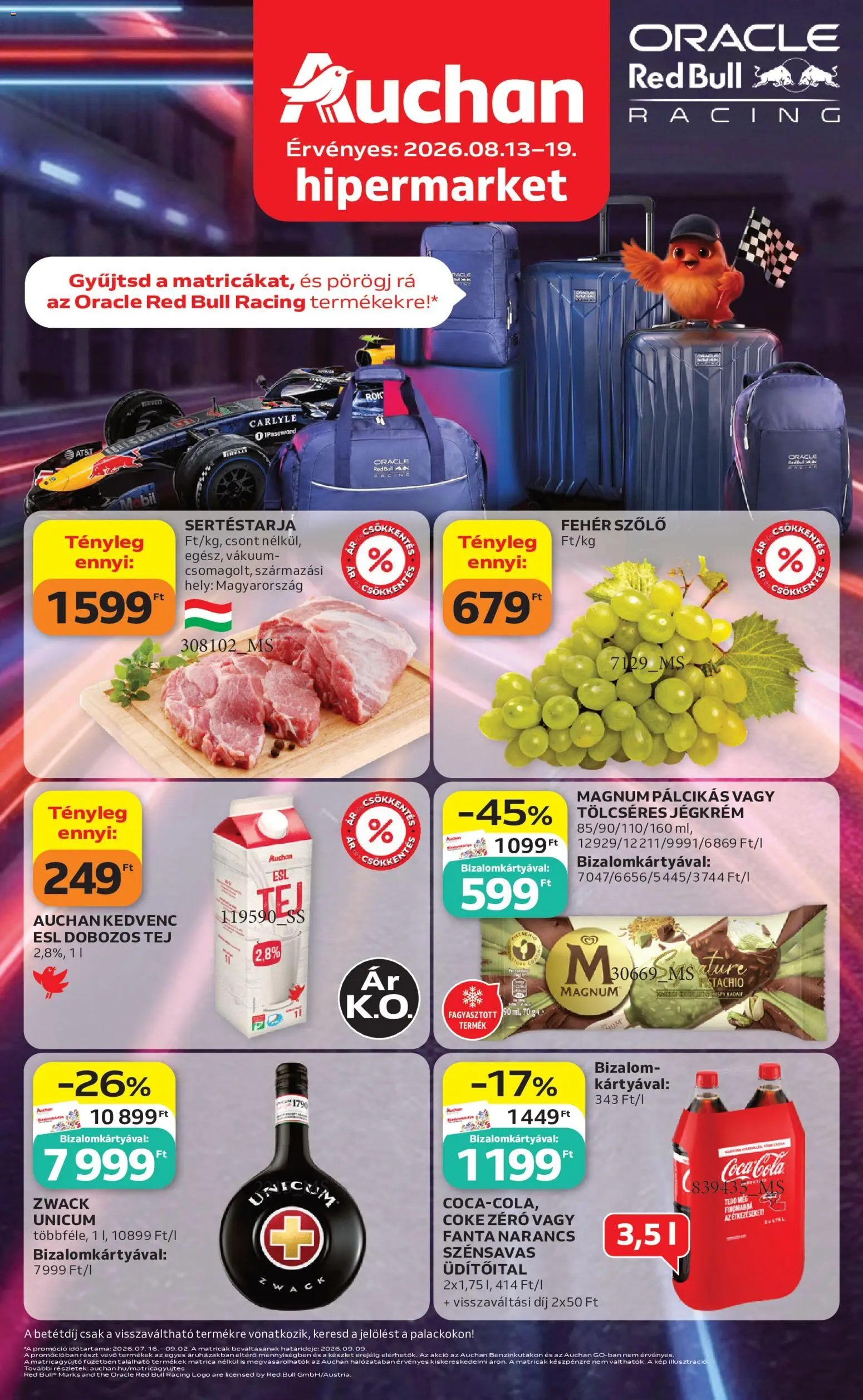 Auchan akciós ujság - amely érvényes a következő dátumtól: 2026.08.13. | Oldal: 1 | Termékek: Magnum, Fanta, Fehér szőlő, Coca Cola
