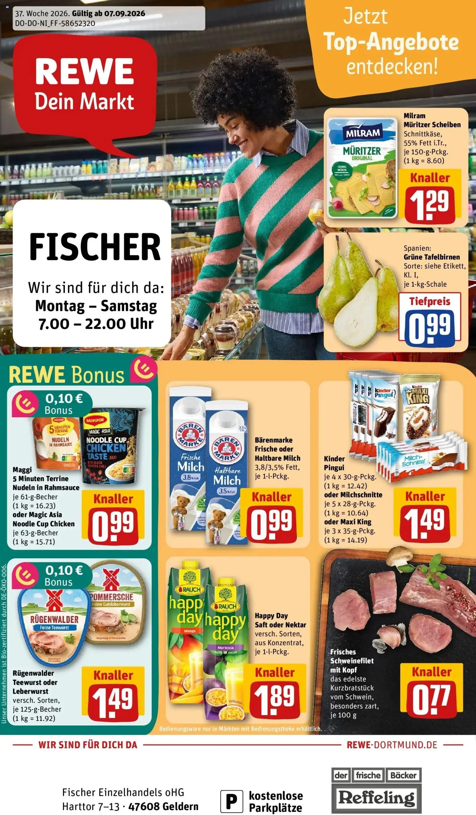 REWE Prospekt ab 07.09.2026 zum Blättern » Angebote | Seite: 1 | Produkte: Maggi, Milram, Nudeln, Uhr
