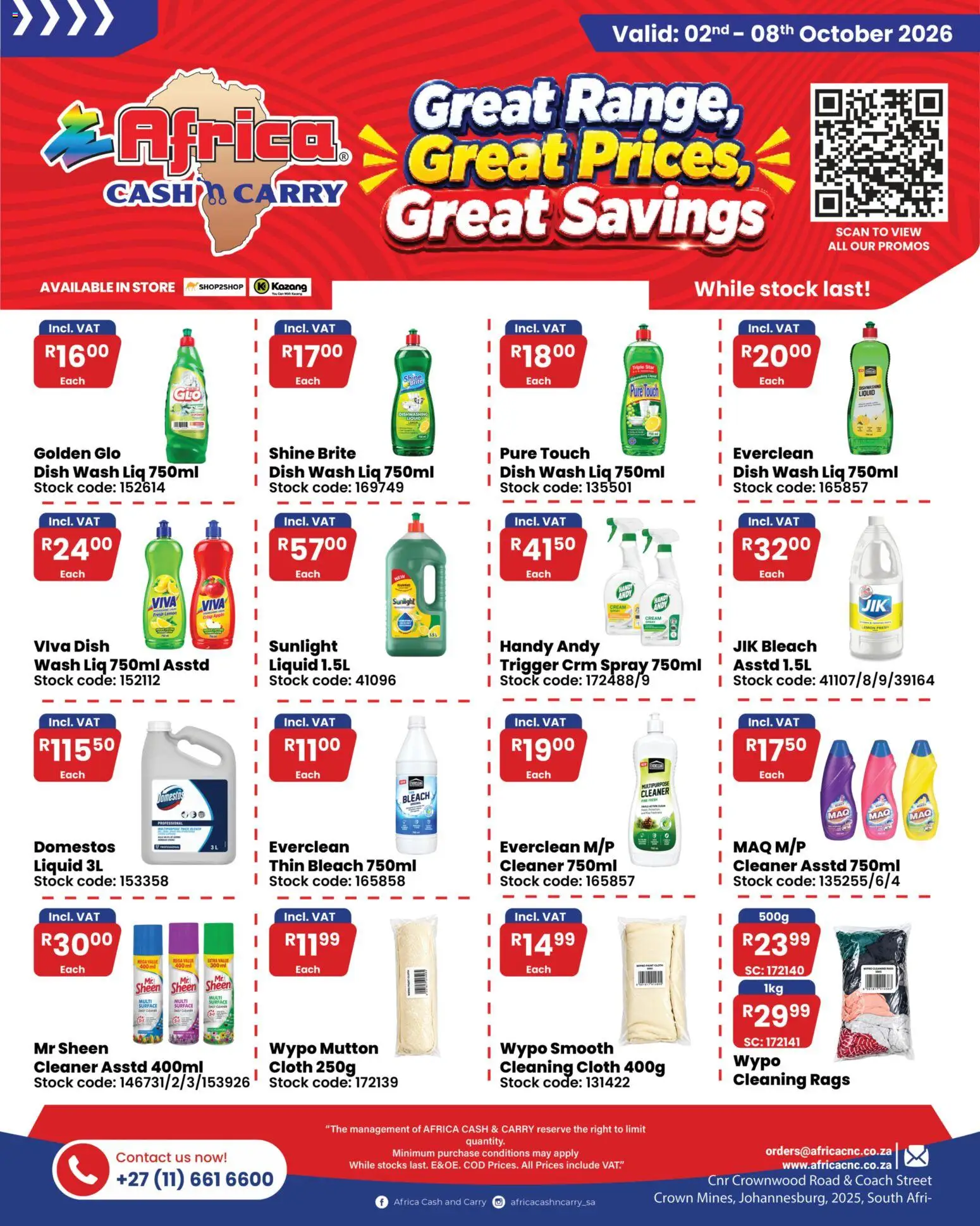 New Africa Cash & Carry catalogue – valid from 02/10/2026 | Page: 1 | Products: Rags, Stock, Hand cream, Dishwashing liquid