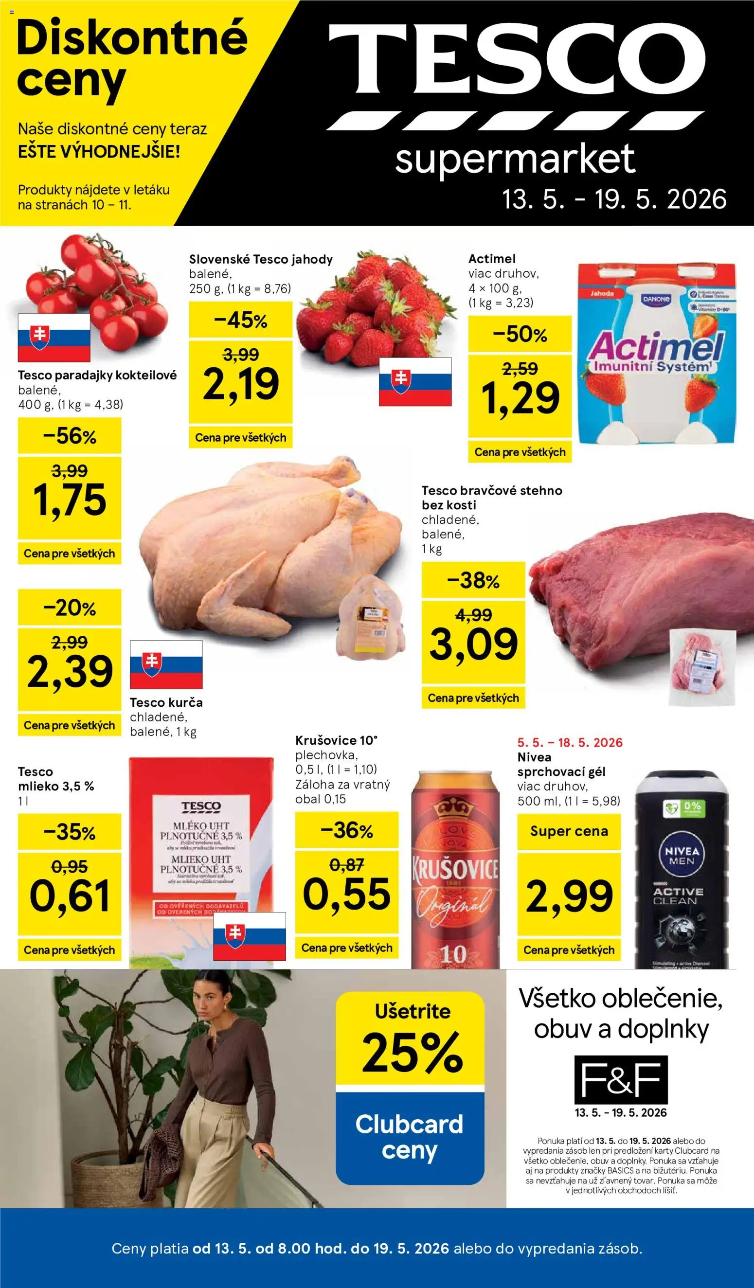 Nové Tesco akcie – leták je platný od 13.05.2026 | Strana: 1 | Produkty: Mlieko, Nivea, Jahody, Kurča