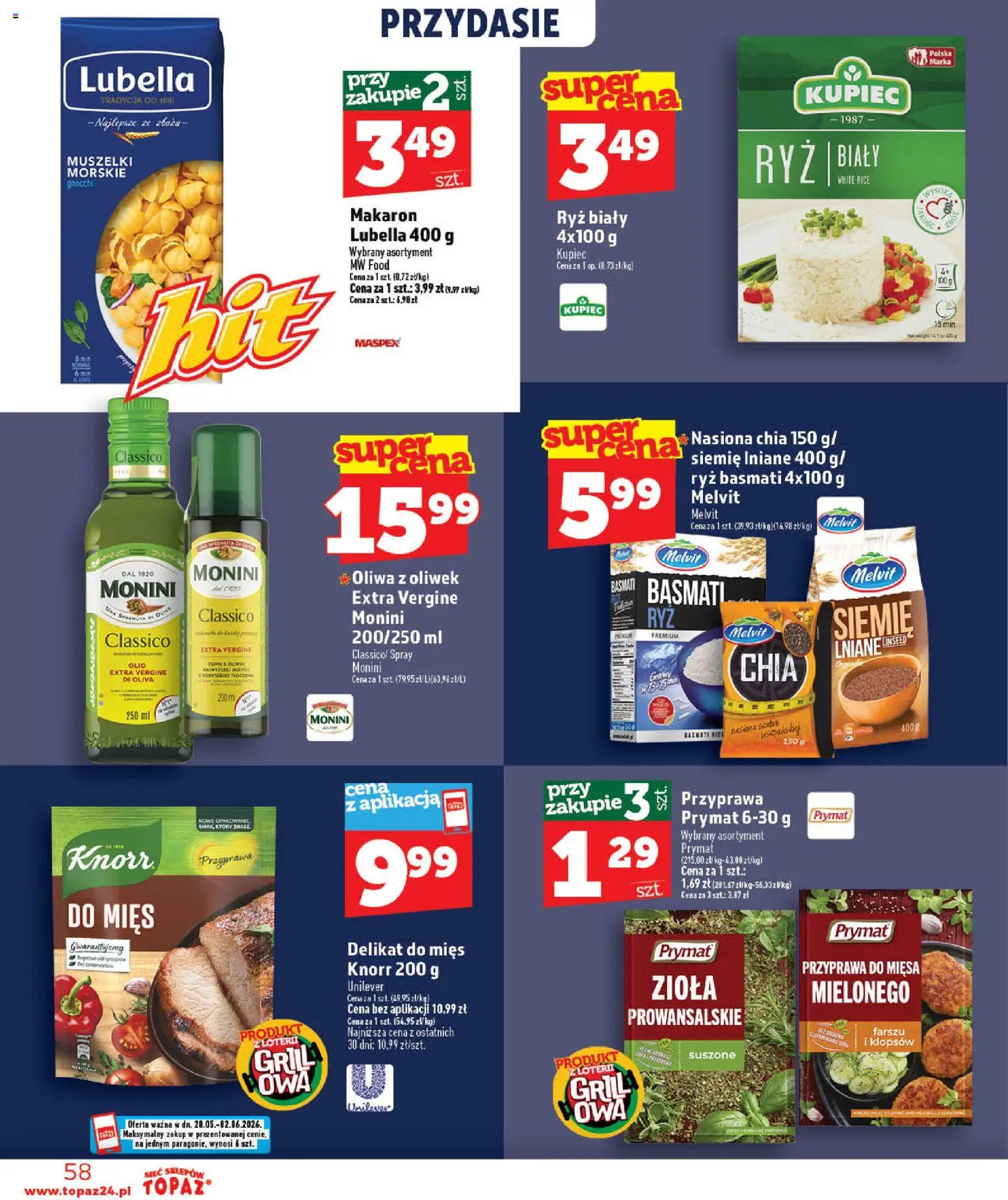 Topaz gazetka - Otwarcie Stoczek Łukowski od 30.05.2026 | Strona: 58 | Produkty: Oliwa z oliwek, Grill, Ryż, Makaron