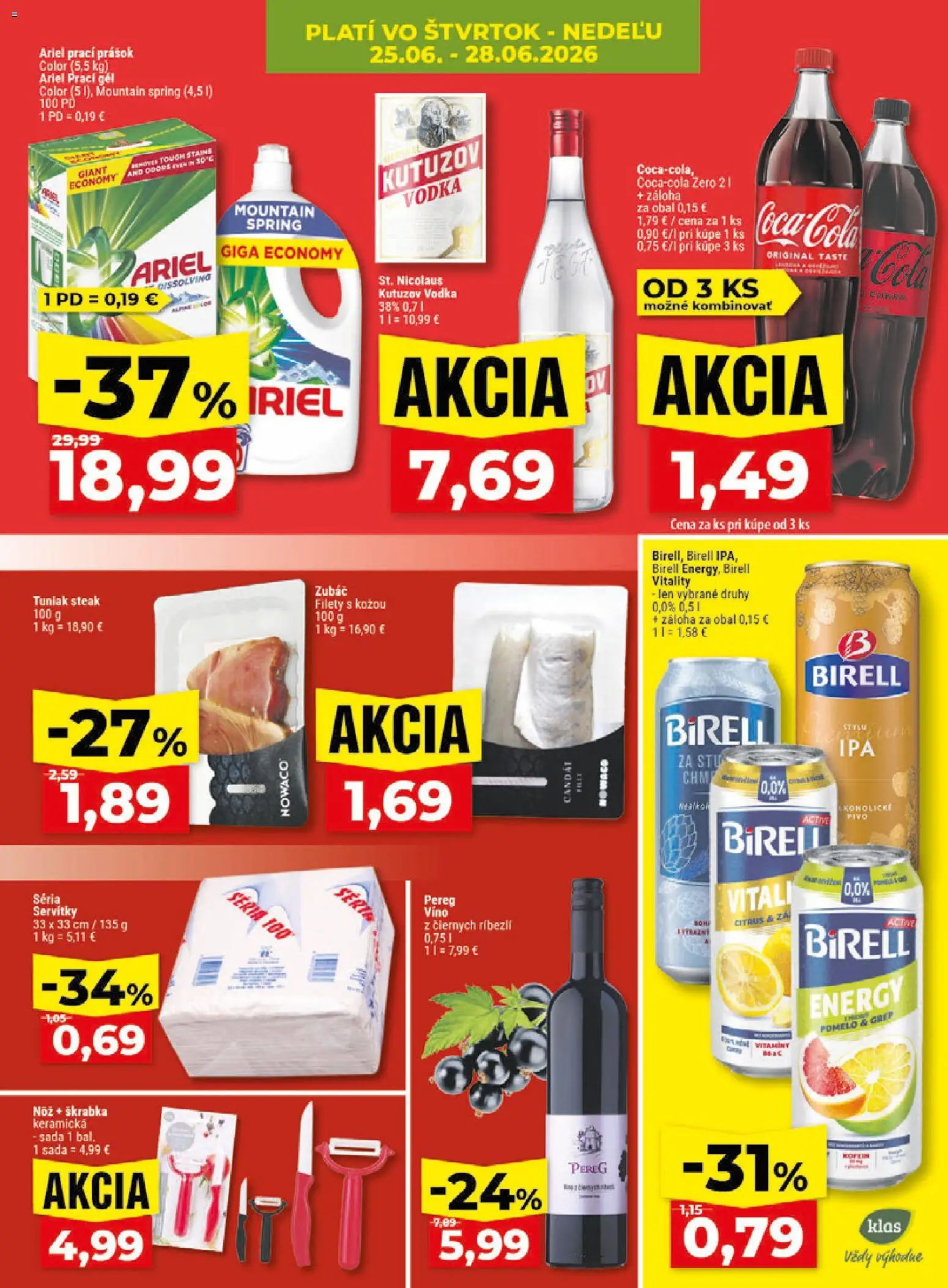 Nové Klas akcie – leták je platný od 22.06.2026 | Strana: 28 | Produkty: Tuniak, Birell, Prací prášok, Steak