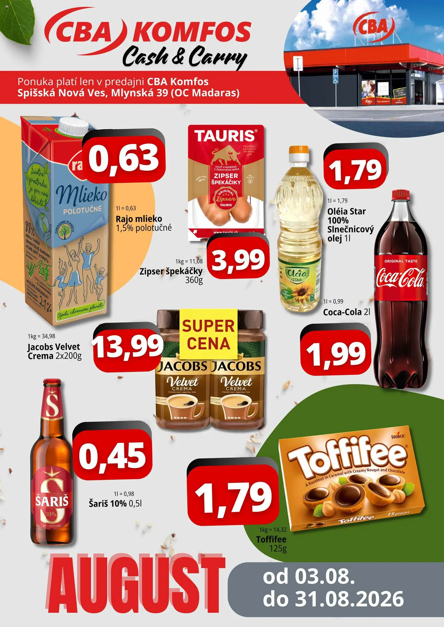 Nové CBA Komfos akcie – leták je platný od 03.08.2026 | Strana: 1 | Produkty: Mlieko, Olej, Toffifee, Špekáčiky
