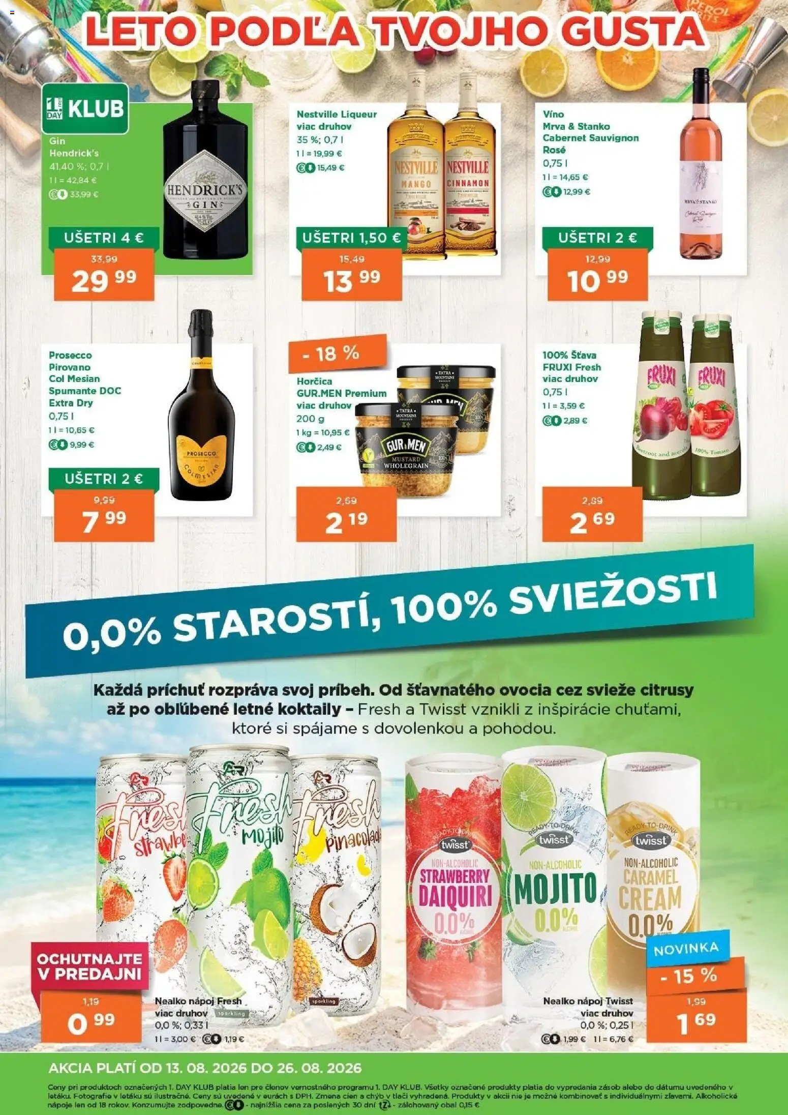 Nové 1day akcie – leták je platný od 13.08.2026 | Strana: 4 | Produkty: Koktaily, Prosecco, Citrusy, Šťava