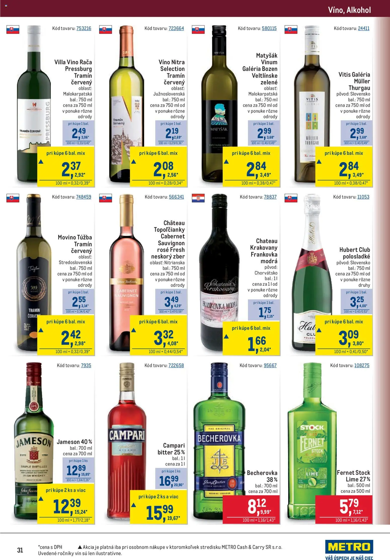 Nové Metro akcie – leták je platný od 20.05.2026 | Strana: 31 | Produkty: Jameson, Víno, Fernet Stock, Alkohol