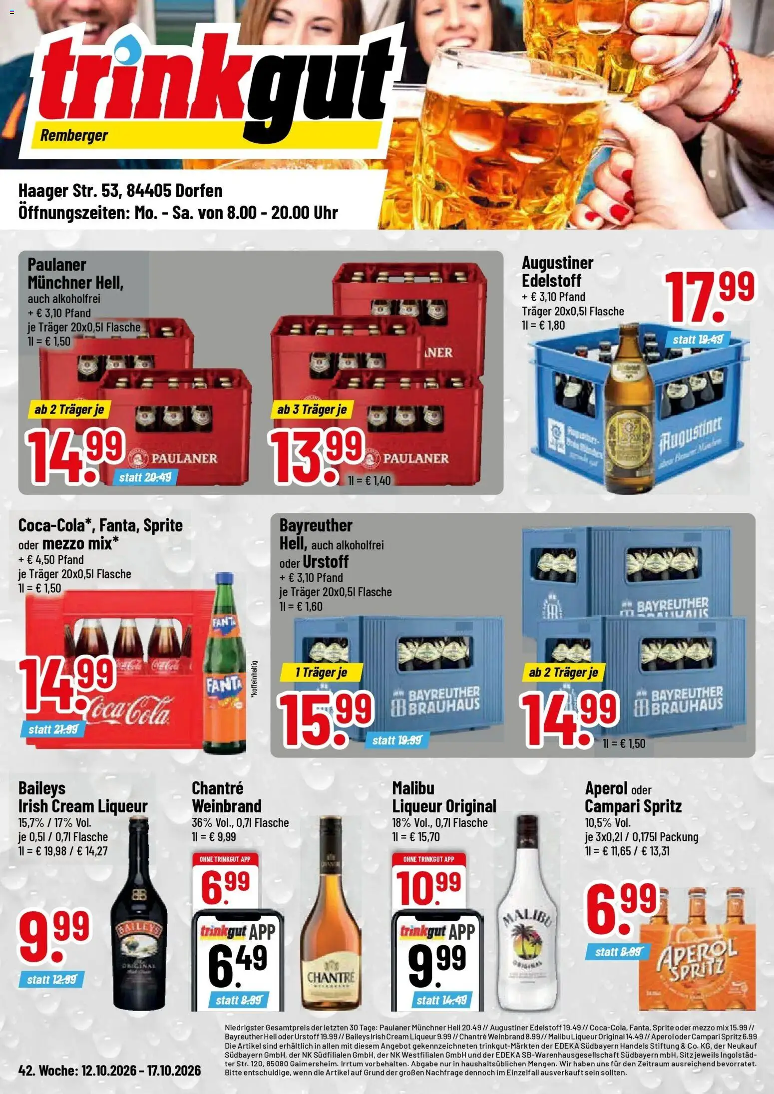 Trinkgut Prospekt Dorfen (ab 12.10.2026) » Angebote online | Seite: 1 | Produkte: Fanta, Campari, Baileys, Oder mezzo mix