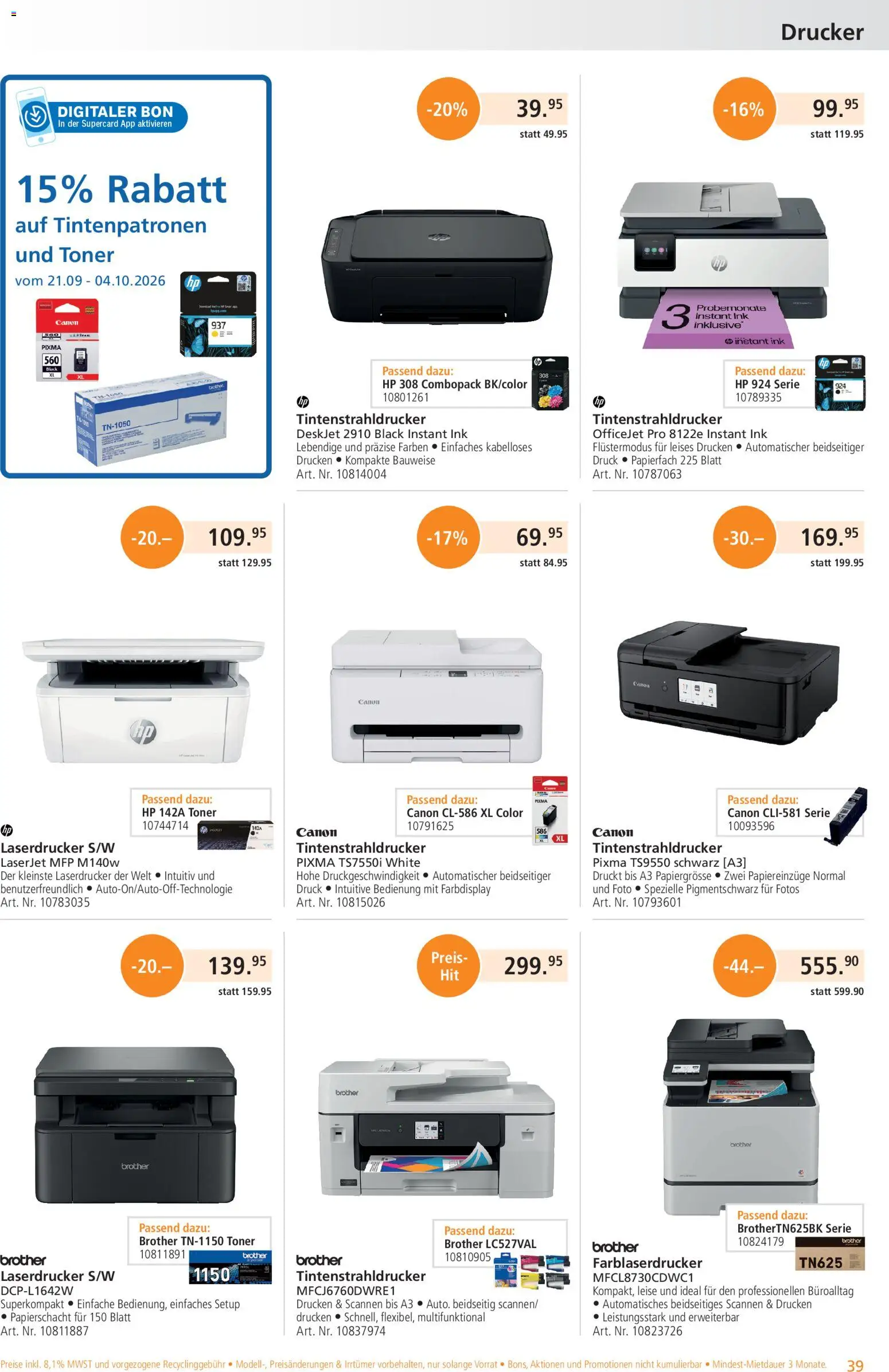Fust aktionen – gültig ab 21.09.2026 | Seite: 39 | Produkte: Laserdrucker, Tintenstrahldrucker, Toner, HP