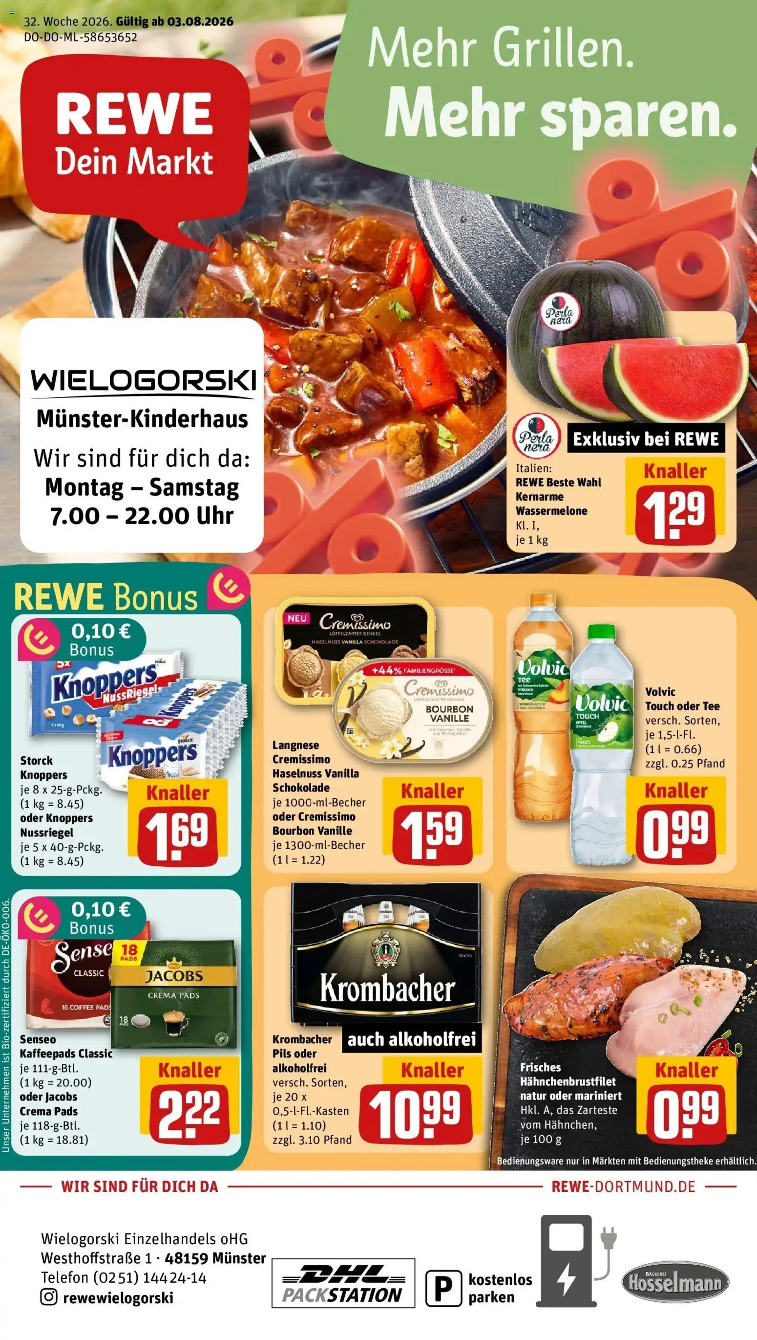 REWE Prospekt ab 03.08.2026 zum Blättern » Angebote | Seite: 1 | Produkte: Senseo, Pils, Pfirsich, Bourbon