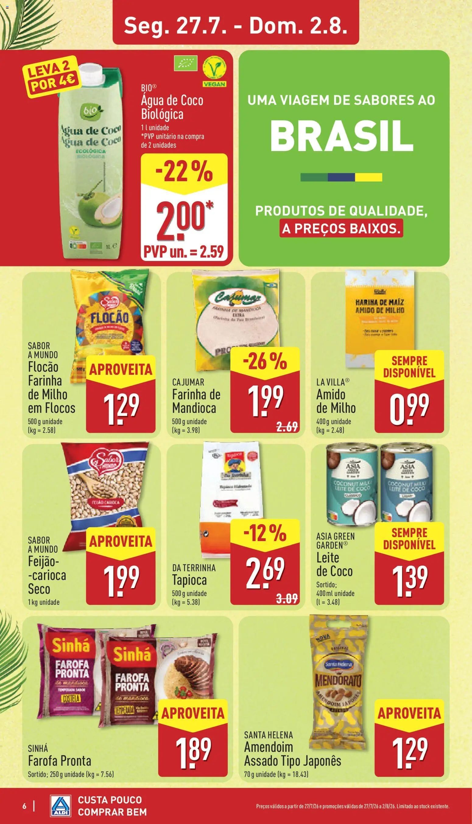 Aldi folheto │ válido de 27/07/2026 | Página: 6 | Produtos: Agua, Tapioca, Leite, Milho