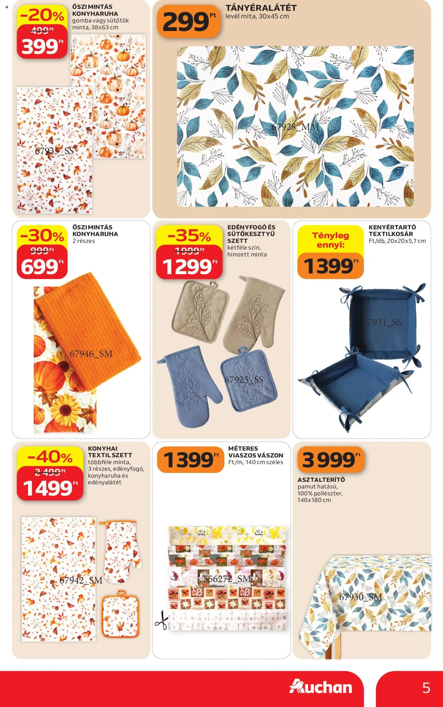 Auchan akciós ujság - amely érvényes a következő dátumtól: 2026.09.10. | Oldal: 5 | Termékek: Tányéralátét, Konyharuha, Gomba, Kenyértartó