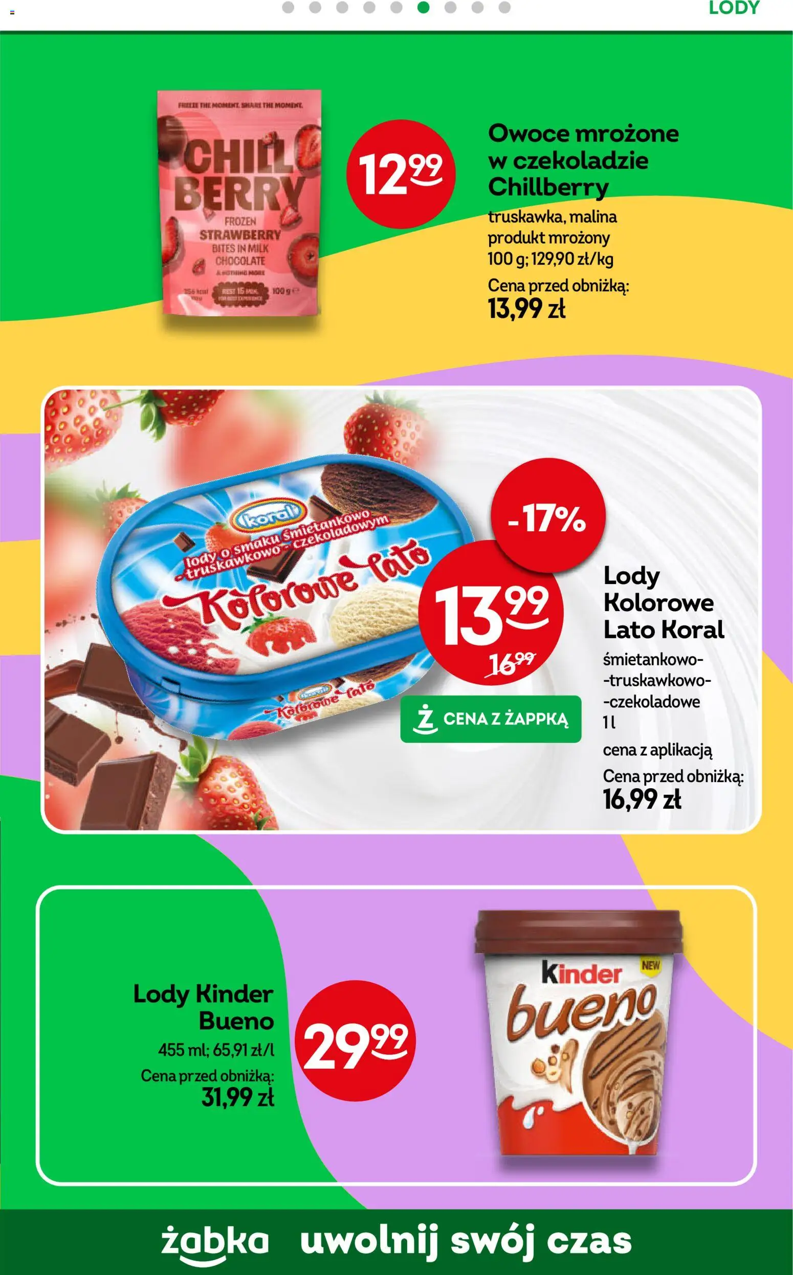Żabka gazetka od 10.08.2026 | Strona: 57 | Produkty: Malina, Kinder Bueno, Lody, Owoce