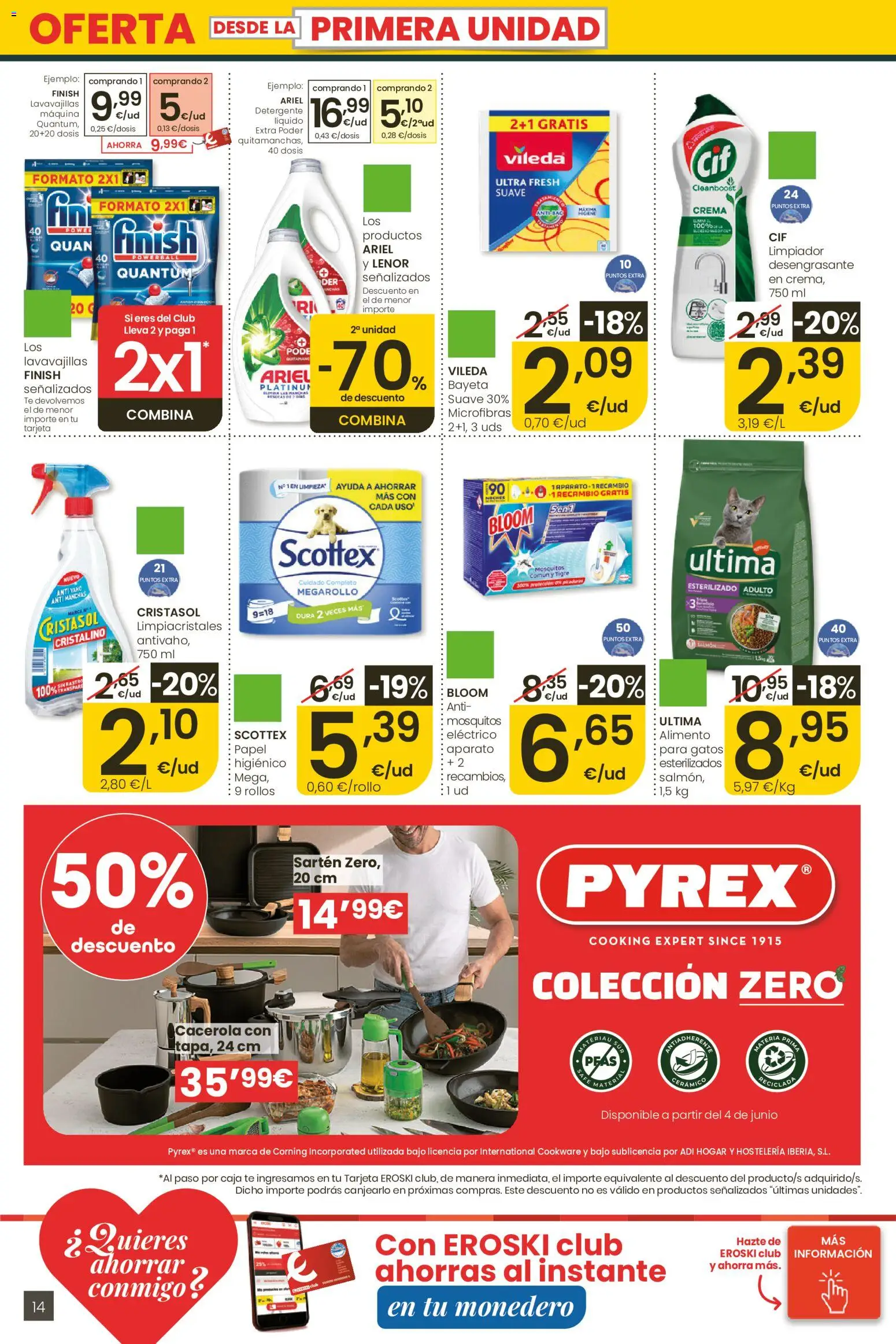 Eroski Ofertones de verano │ válido desde el 28.05.2026 | Página: 14 | Productos: Limpiacristales, Detergente, Lavavajillas, Caja