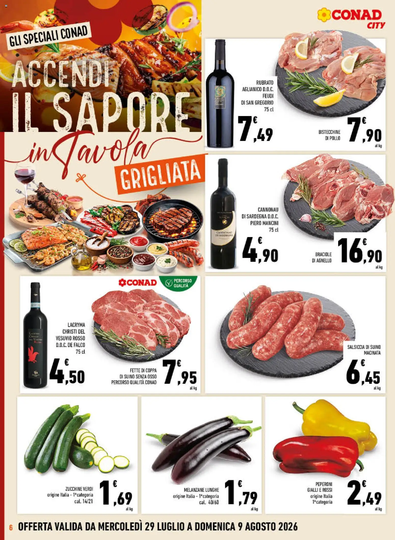 Volantino Conad del 29/07/2026 | Pagina: 6 | Prodotti: Salsiccia, Zucchine, Bottiglia, Vino rosso