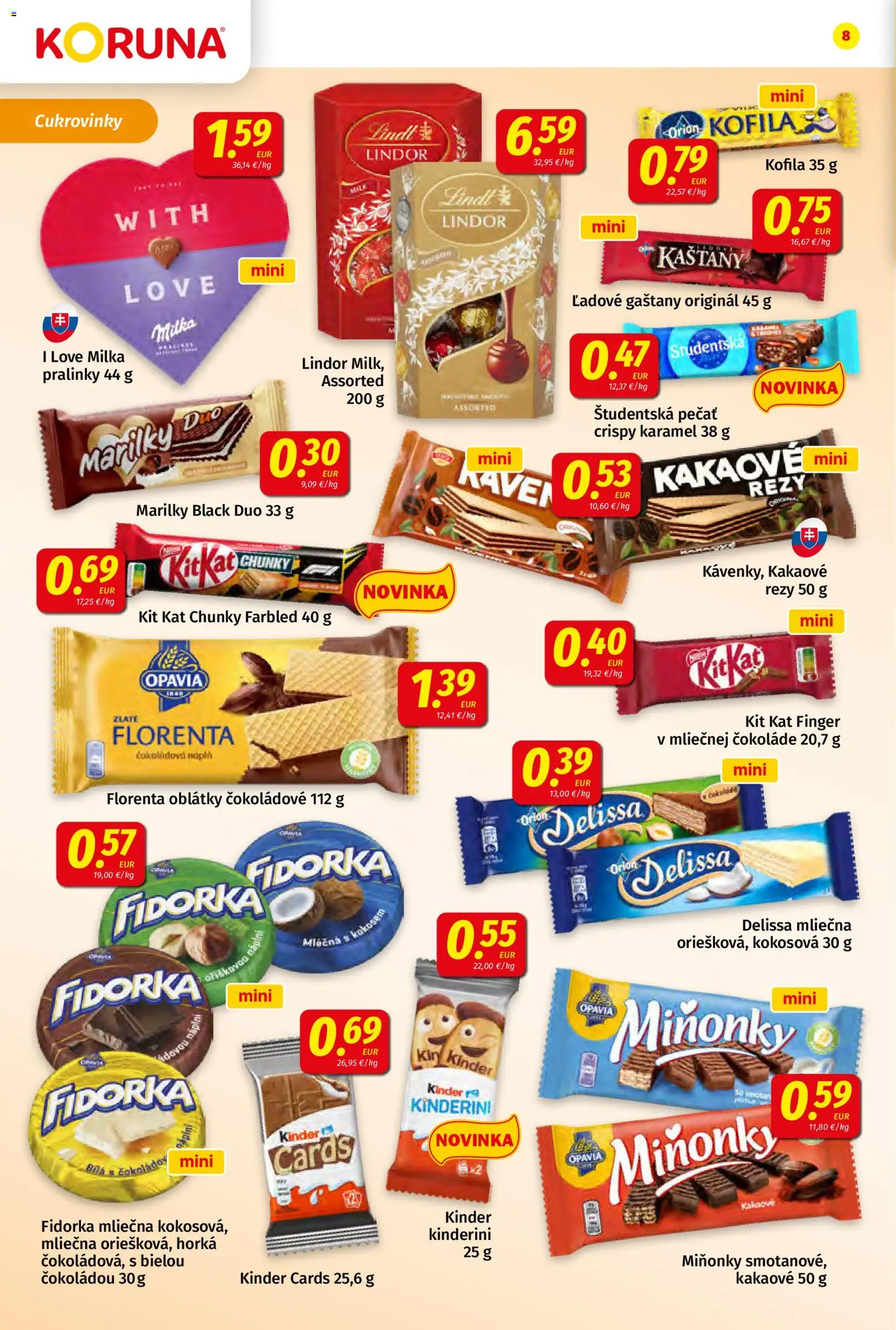 Nové Koruna akcie – leták je platný od 20.03.2026 | Strana: 8 | Produkty: Gaštany, Lindor, Študentská pečať, Milka