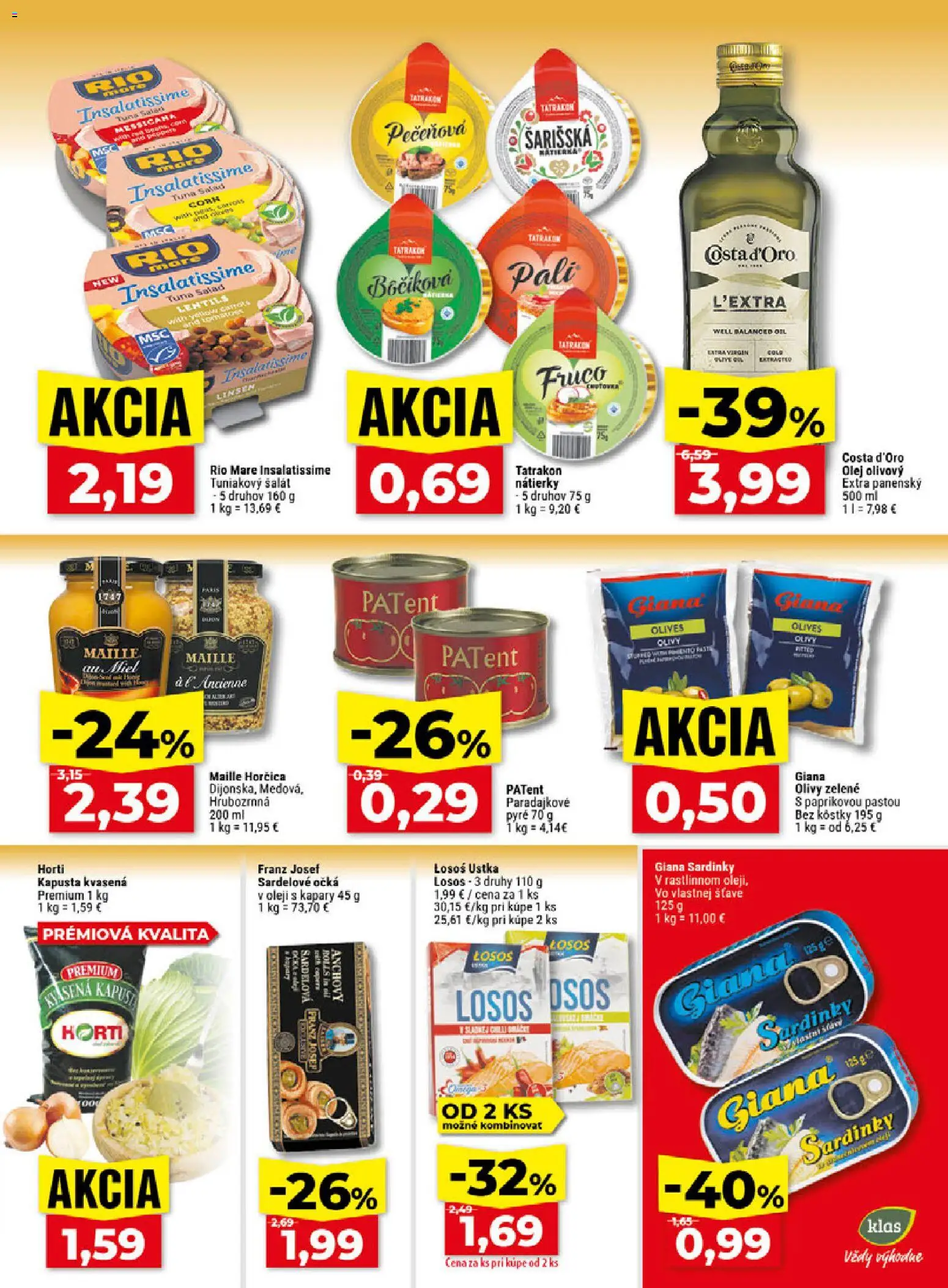 Nové Klas akcie – leták je platný od 12.10.2026 | Strana: 14 | Produkty: Kapusta, Olej, Losos, Horčica