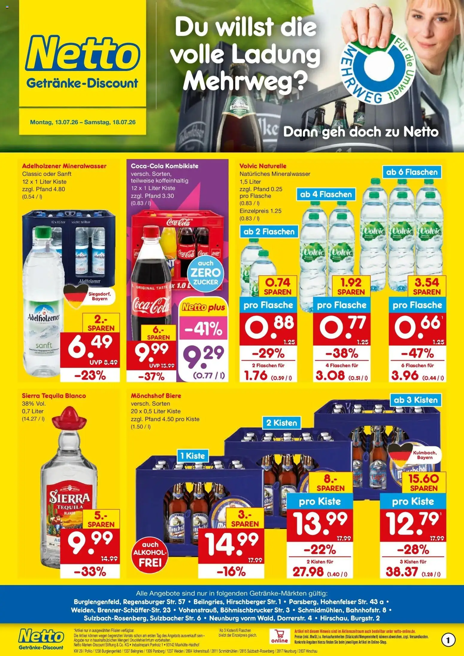 Netto Marken-Discount Prospekt Beilngries – gültig ab 13.07.2026 | Seite: 1 | Produkte: Monchshof, Adelholzener, Mineralwasser, Volvic