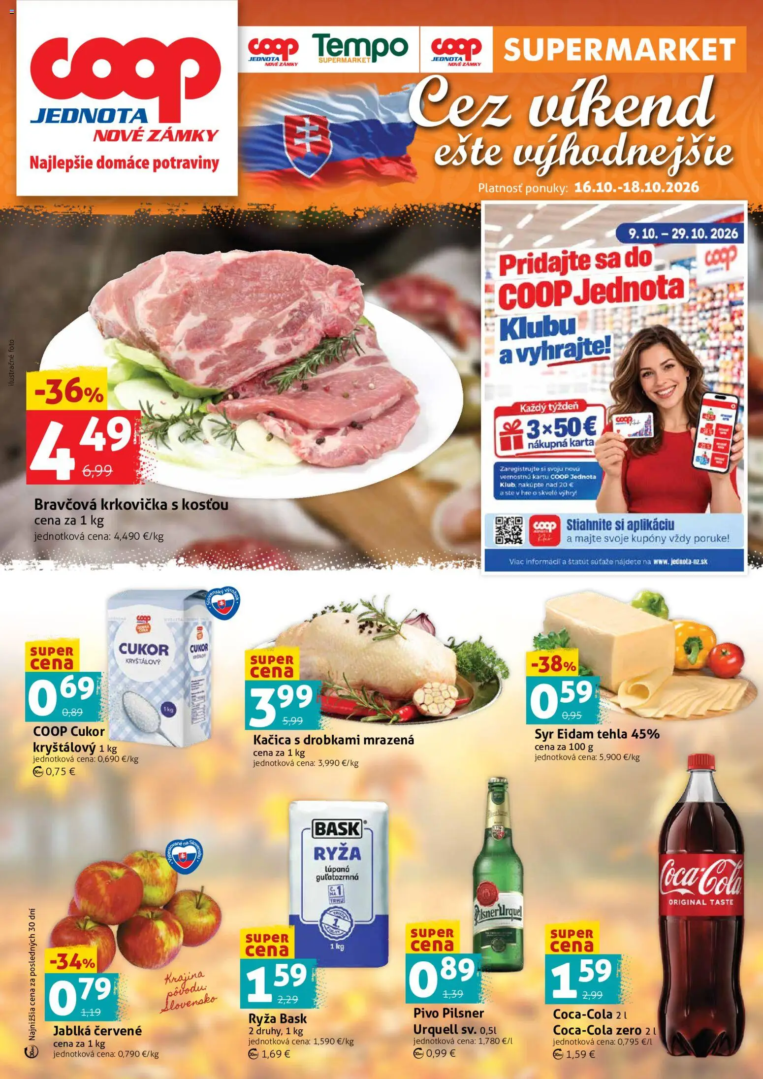 Nové COOP Jednota akcie – leták je platný od 16.10.2026 | Strana: 1 | Produkty: Jablká, Eidam, Krkovička, Cukor