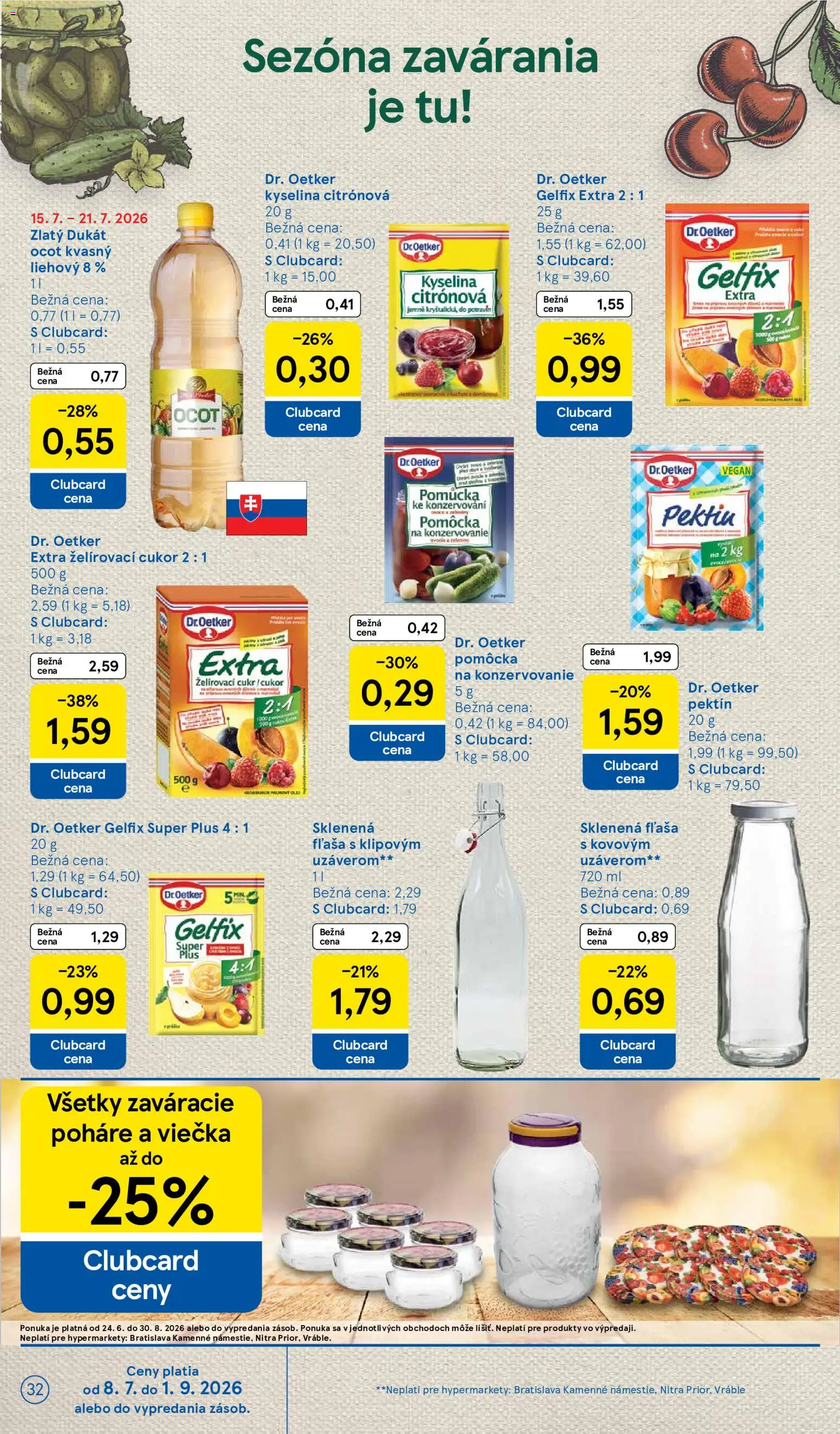 Nové Tesco akcie – leták je platný od 15.07.2026 | Strana: 32 | Produkty: Poháre, Želírovací cukor, Ocot, Ovocie