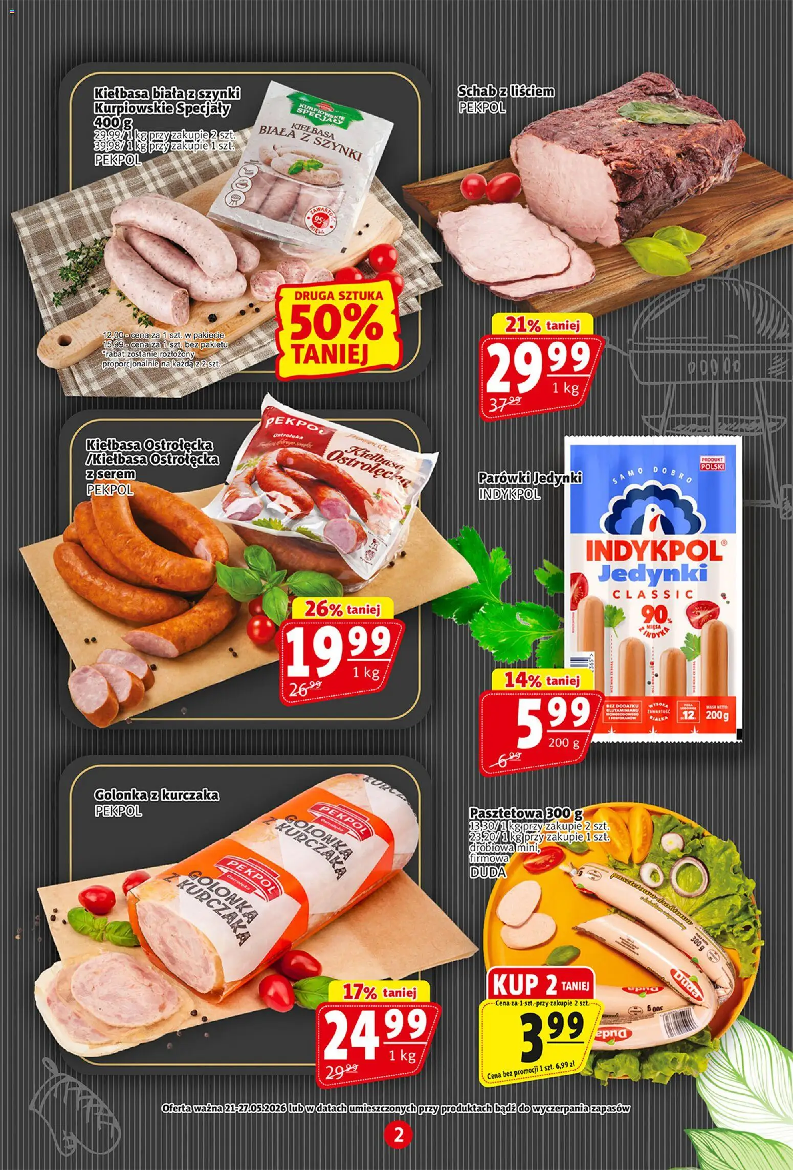 Prim Market gazetka od 21.05.2026 | Strona: 2 | Produkty: Kiełbasa, Schab, Parówki, Kiełbasa biała z szynki