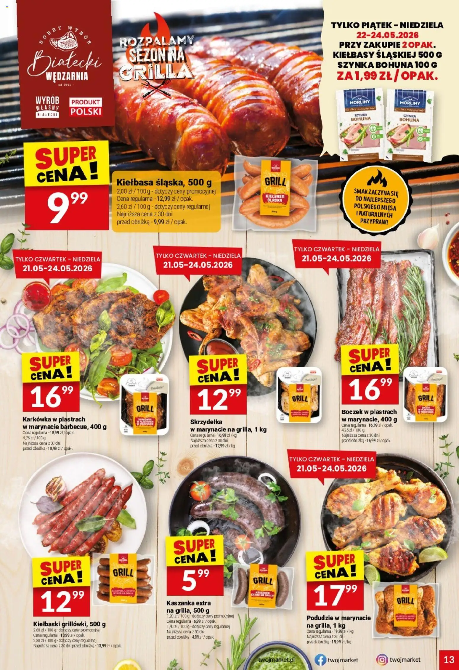 Twój Market gazetka od 20.05.2026 | Strona: 13 | Produkty: Kiełbasa, Kiełbaski, Szynka, Kiełbasa śląska