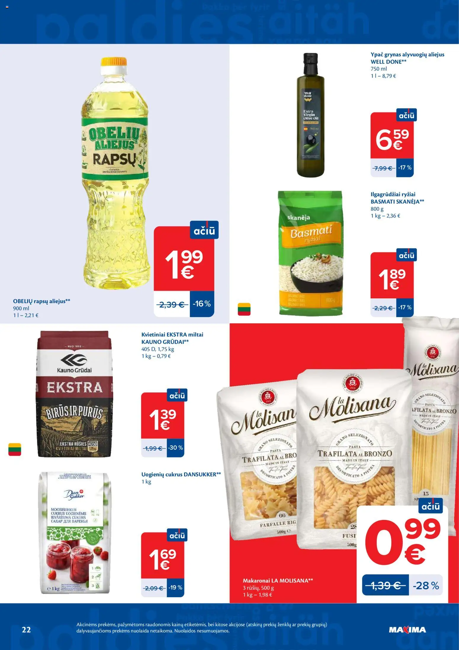 MAXIMA akcijos nuo 2026.07.07 | Puslapis: 22 | Prekių: Aliejus, Miltai, Cukrus, Makaronai