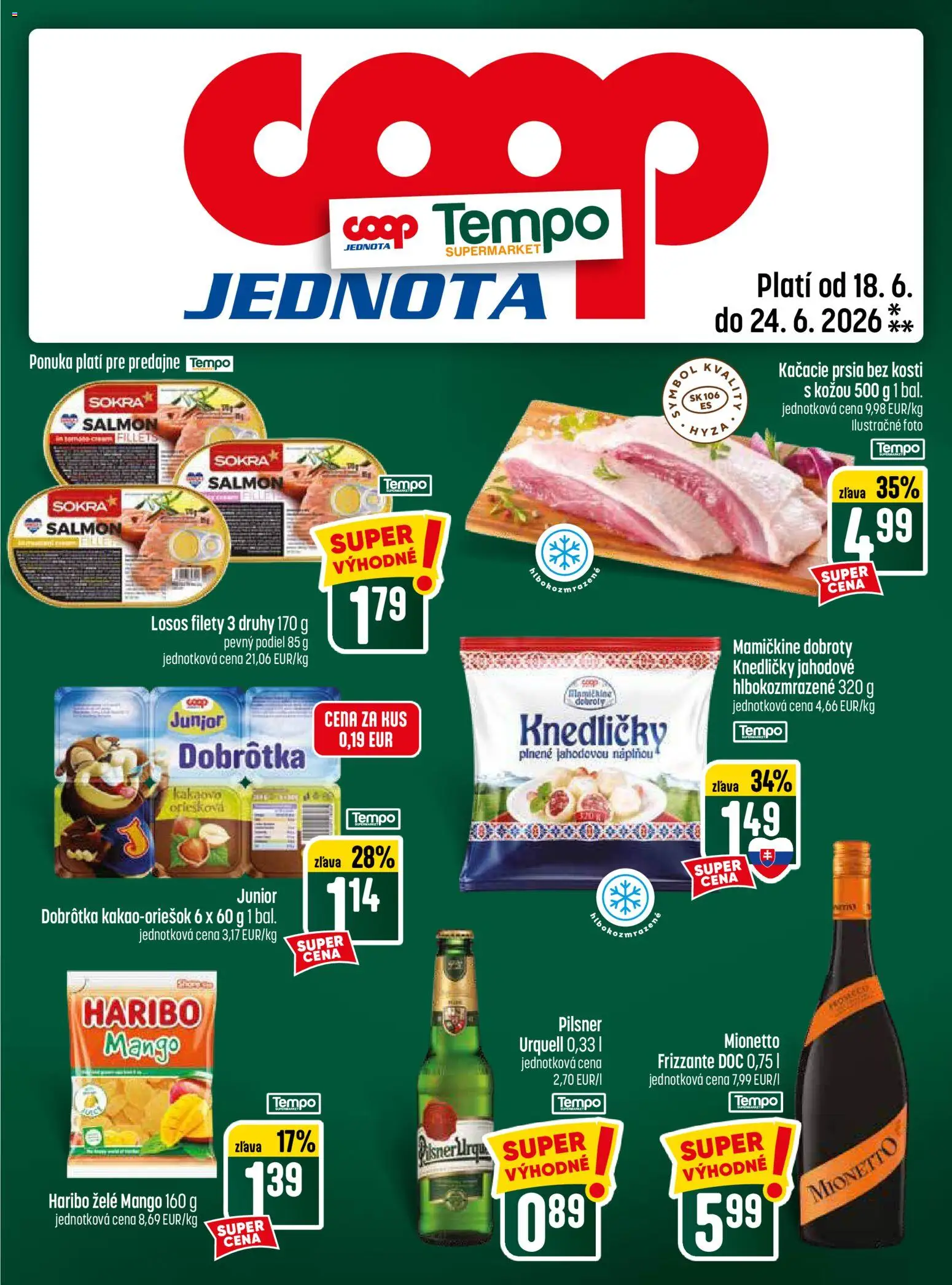 Nové COOP Jednota akcie – leták je platný od 18.06.2026 | Strana: 29 | Produkty: Pilsner Urquell, Kačacie prsia, Losos, Mango