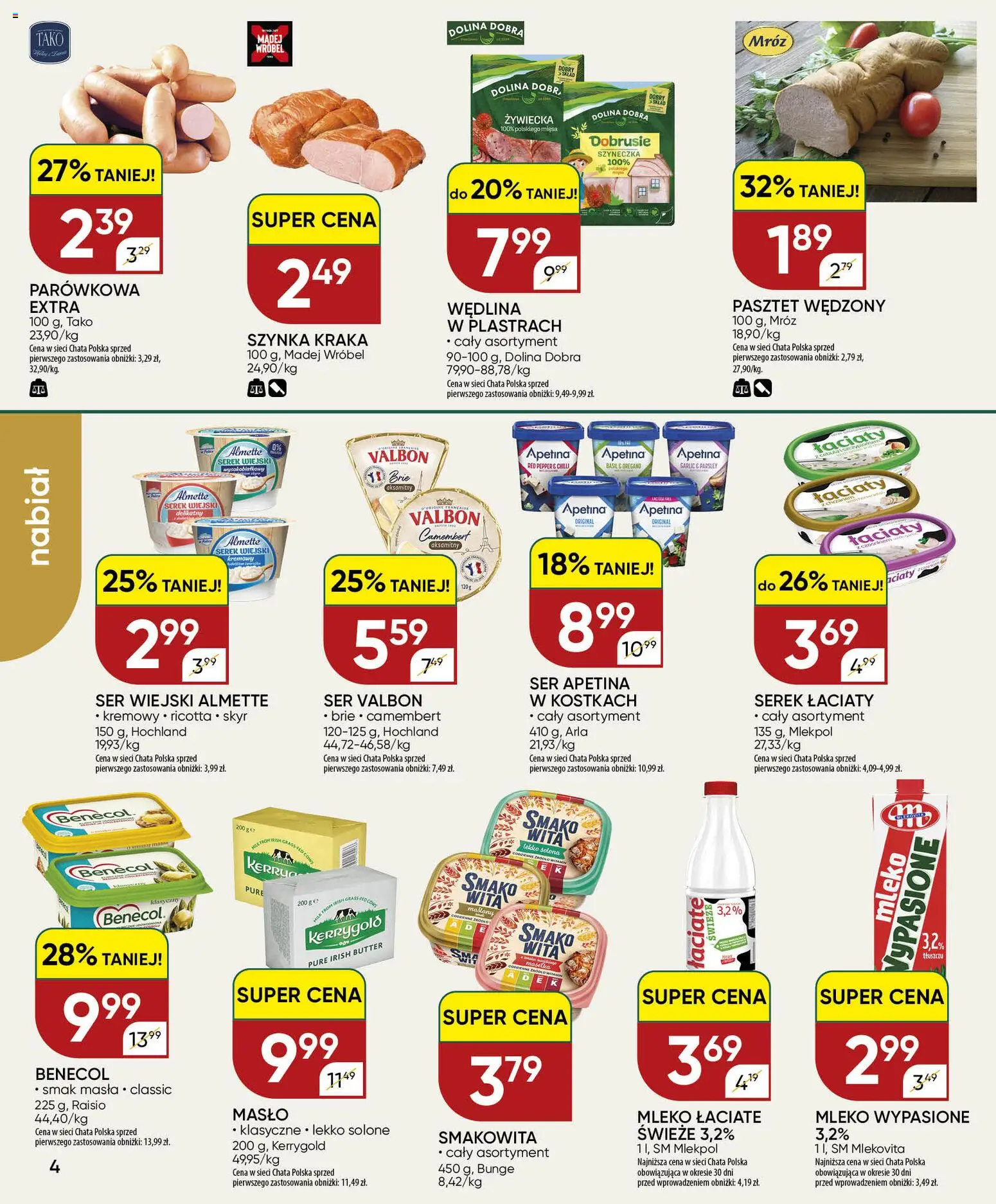 Chata Polska gazetka od 24.09.2026 | Strona: 4 | Produkty: Mleko wypasione, Szynka, Camembert, Skyr