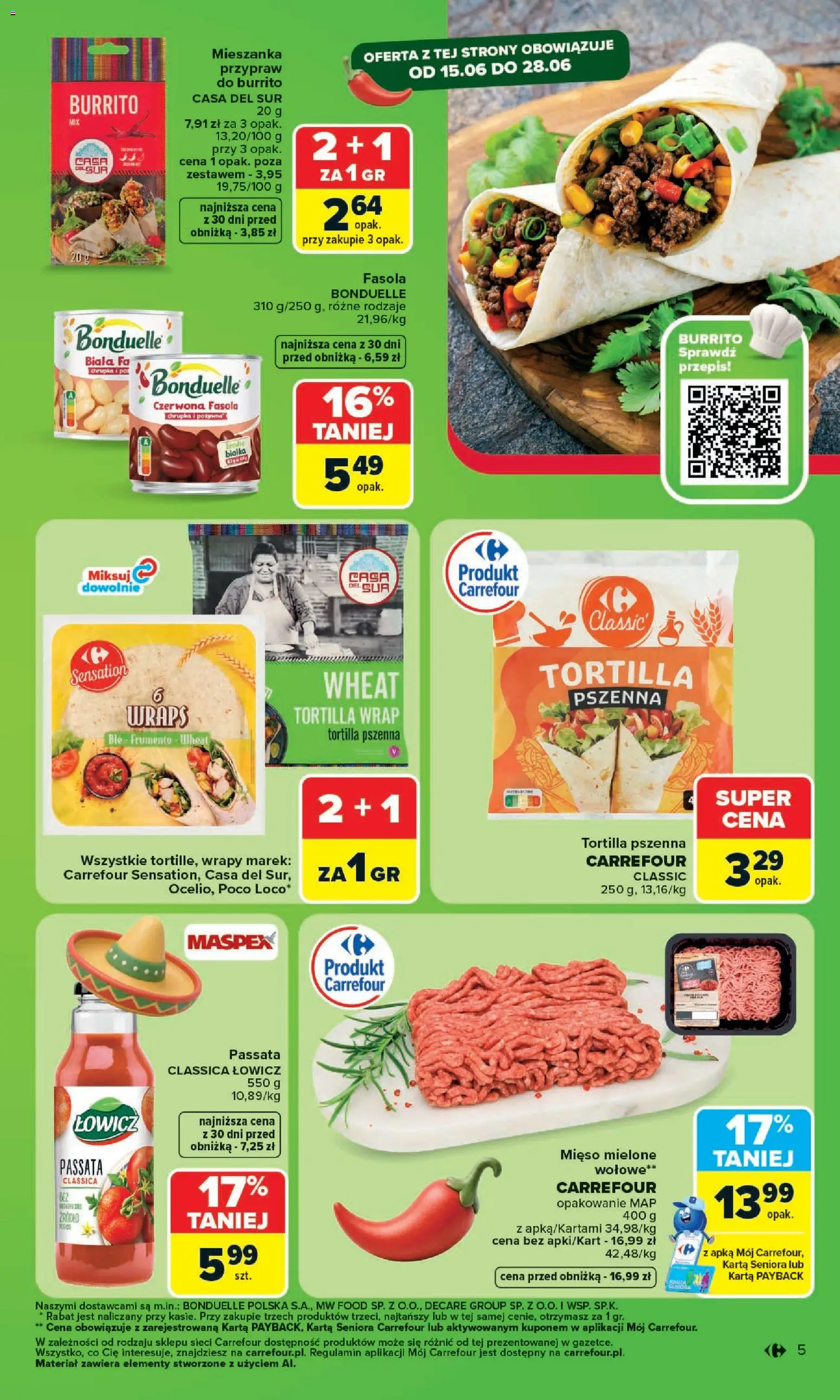 Carrefour gazetka - Kuchnia meksykańska od 15.06.2026 | Strona: 5 | Produkty: Karta, Mięso, Mięso mielone, Tortilla