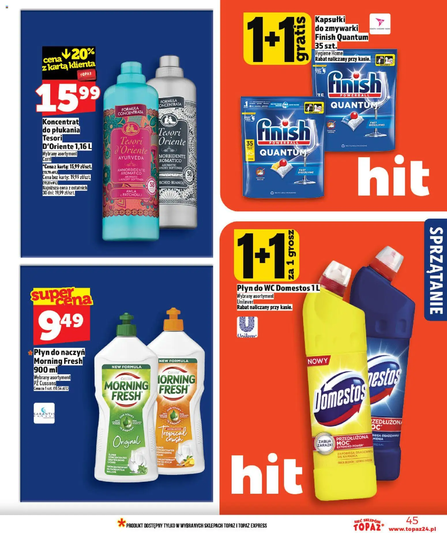 Topaz gazetka od 21.05.2026 | Strona: 45 | Produkty: Domestos, Płyn do WC Domestos, Finish, Kapsułki do zmywarki