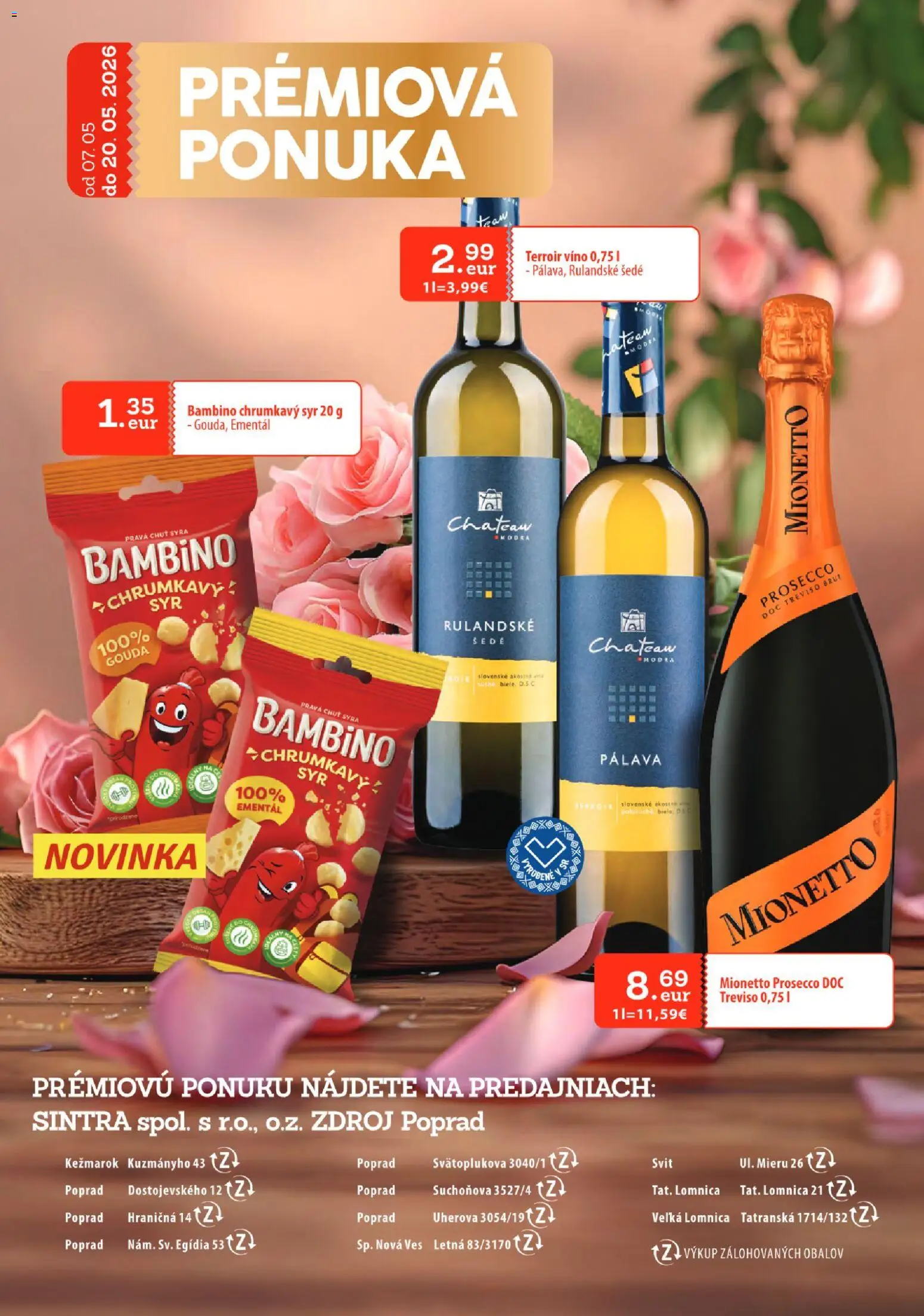 Nové Sintra akcie – leták je platný od 07.05.2026 | Strana: 29 | Produkty: Syr, Víno, Prosecco, Gouda