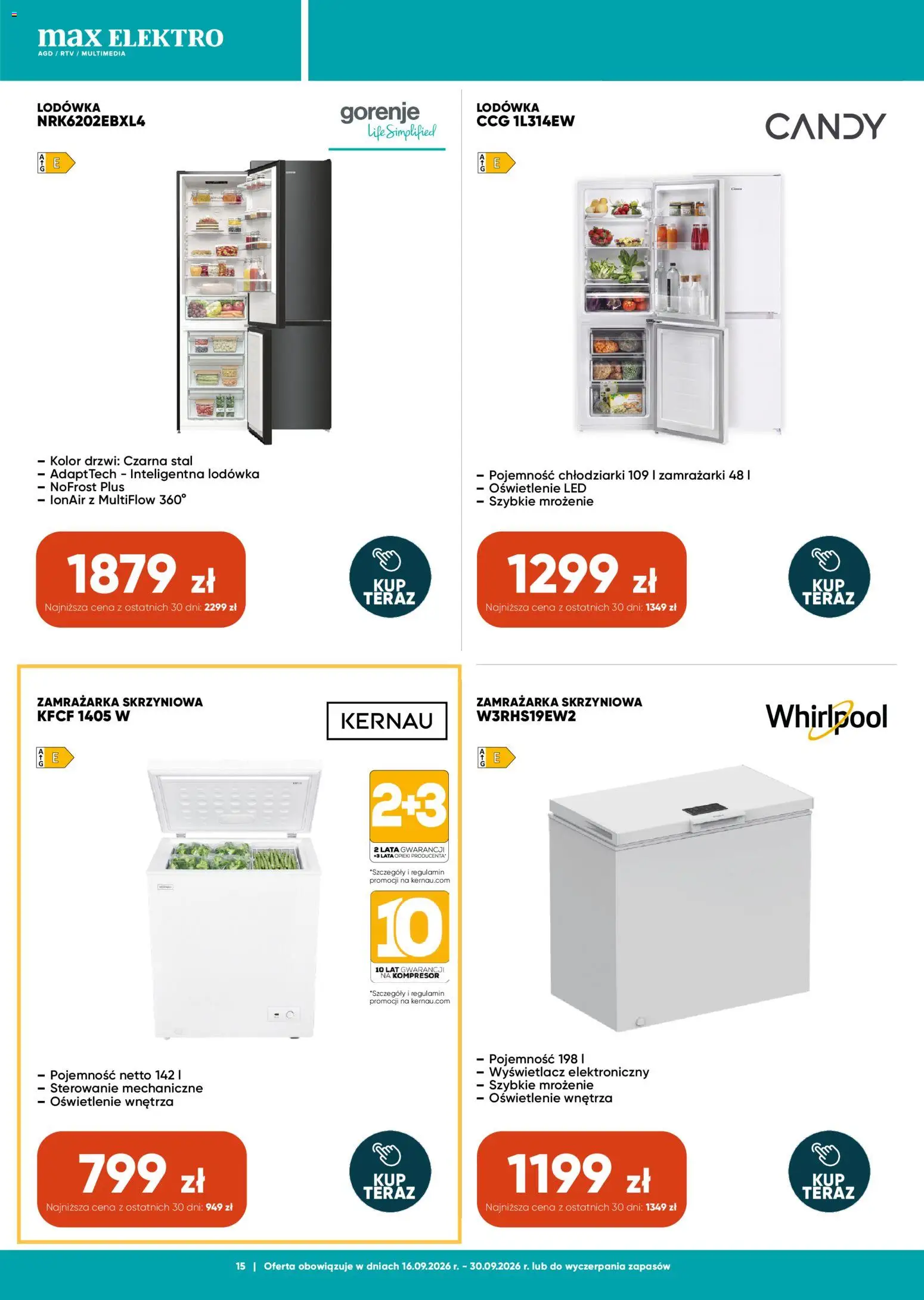 Max elektro gazetka od 16.09.2026 | Strona: 15 | Produkty: Lodówka, Zamrażarka, Oświetlenie, Drzwi