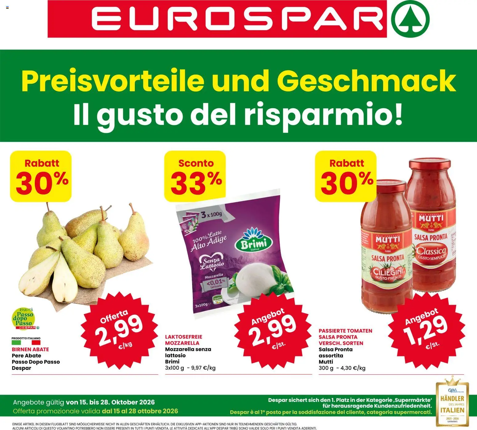 Volantino Eurospar del 15/10/2026 | Pagina: 1 | Prodotti: Pere, Salsa, Latte, Mutti
