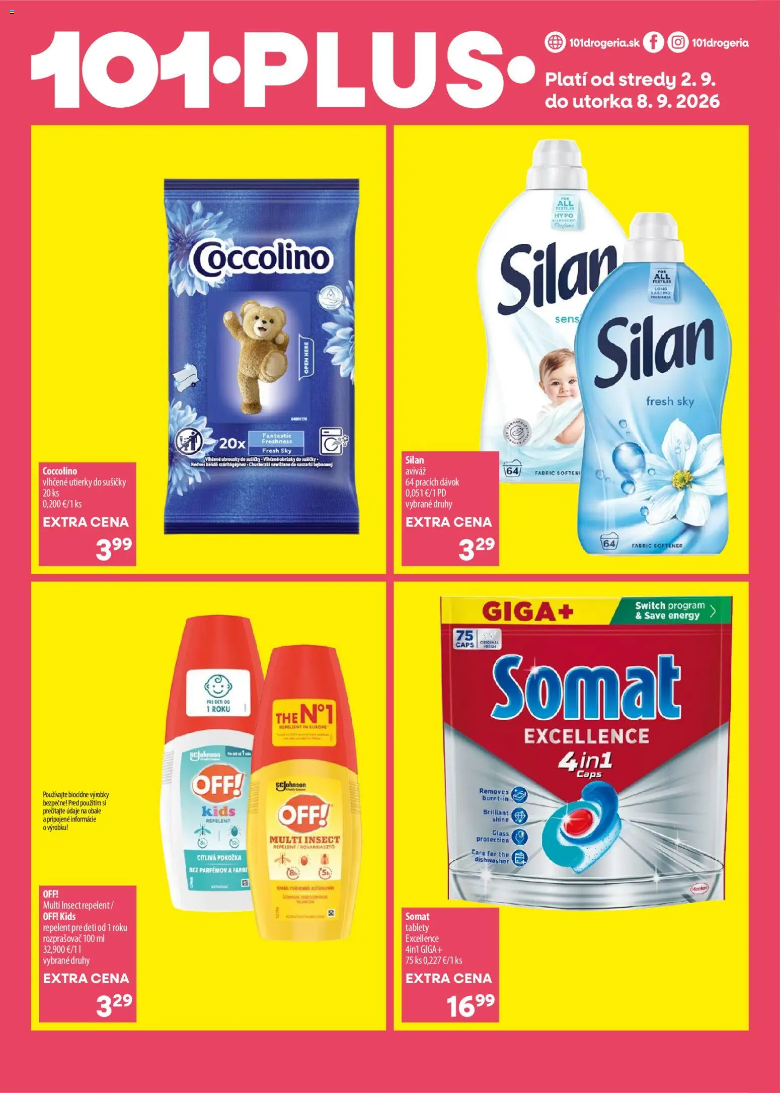 Nové 101 drogerie akcie – leták je platný od 02.09.2026 | Strana: 4 | Produkty: Silan, Aviváž, Coccolino, Utierky