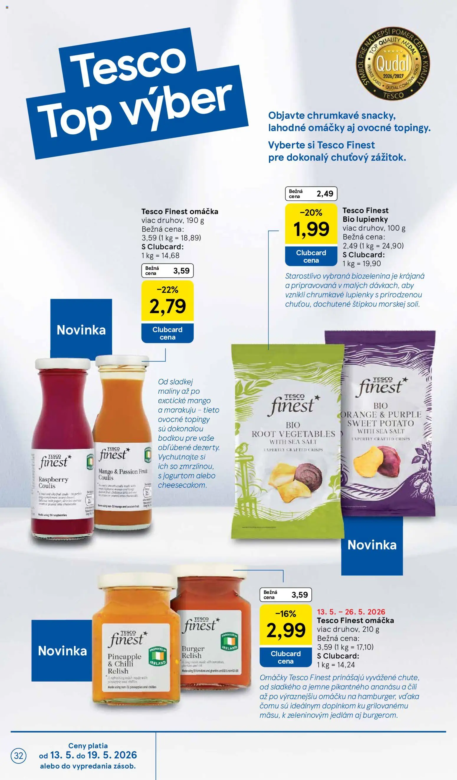 Nové Tesco akcie – leták je platný od 13.05.2026 | Strana: 32 | Produkty: Chilli, Omáčka, Mango, Maliny