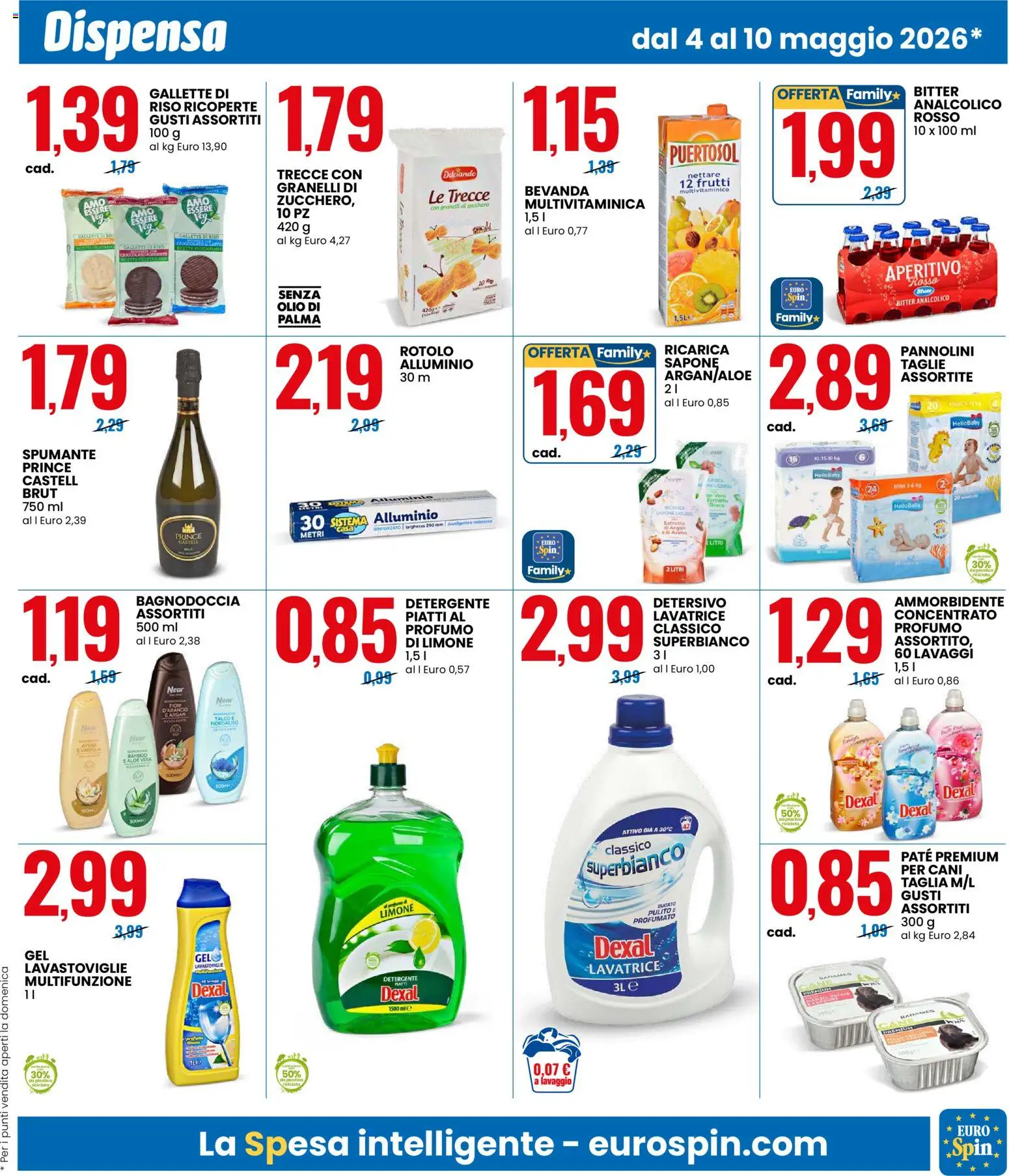 Volantino Eurospin del 04.05.2026 | Pagina: 7 | Prodotti: Pannolini, Ammorbidente, Limone, Gallette