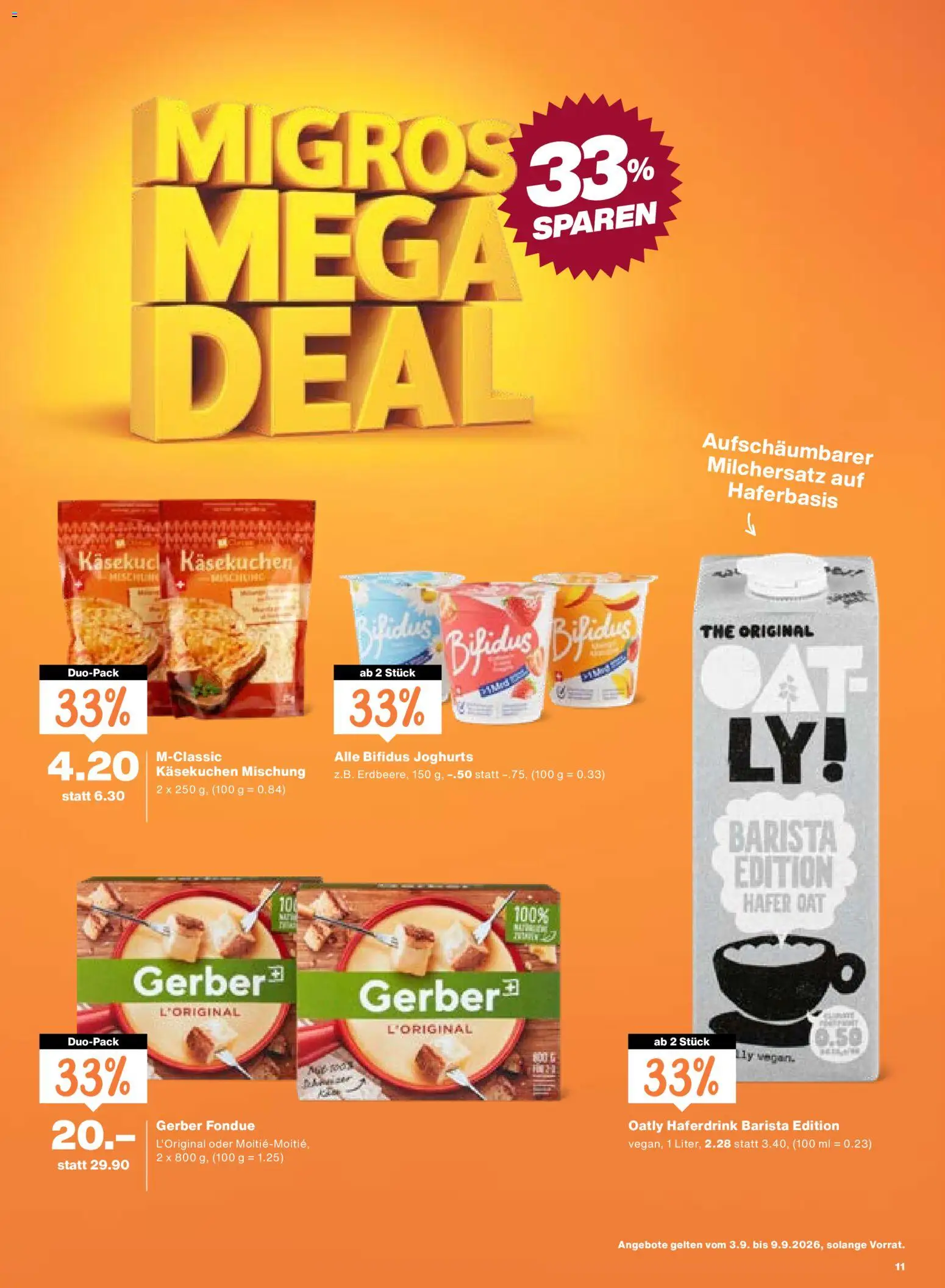 Migros aktionen – gültig ab 03.09.2026 | Seite: 11 | Produkte: Käsekuchen, Fondue