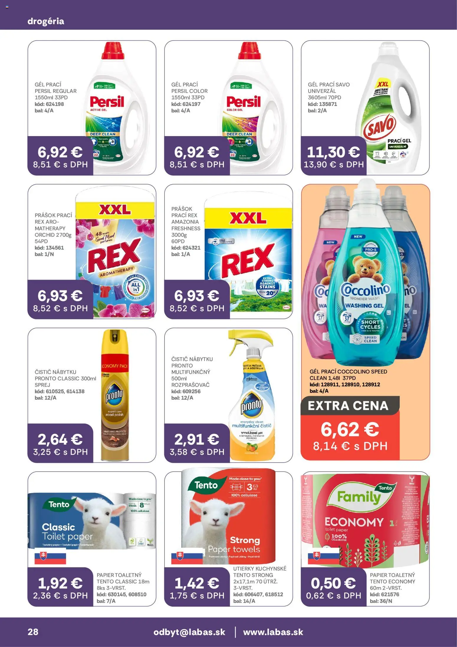 Nové Labaš akcie – leták je platný od 28.08.2026 | Strana: 28 | Produkty: Persil, Savo, Coccolino, Utierky