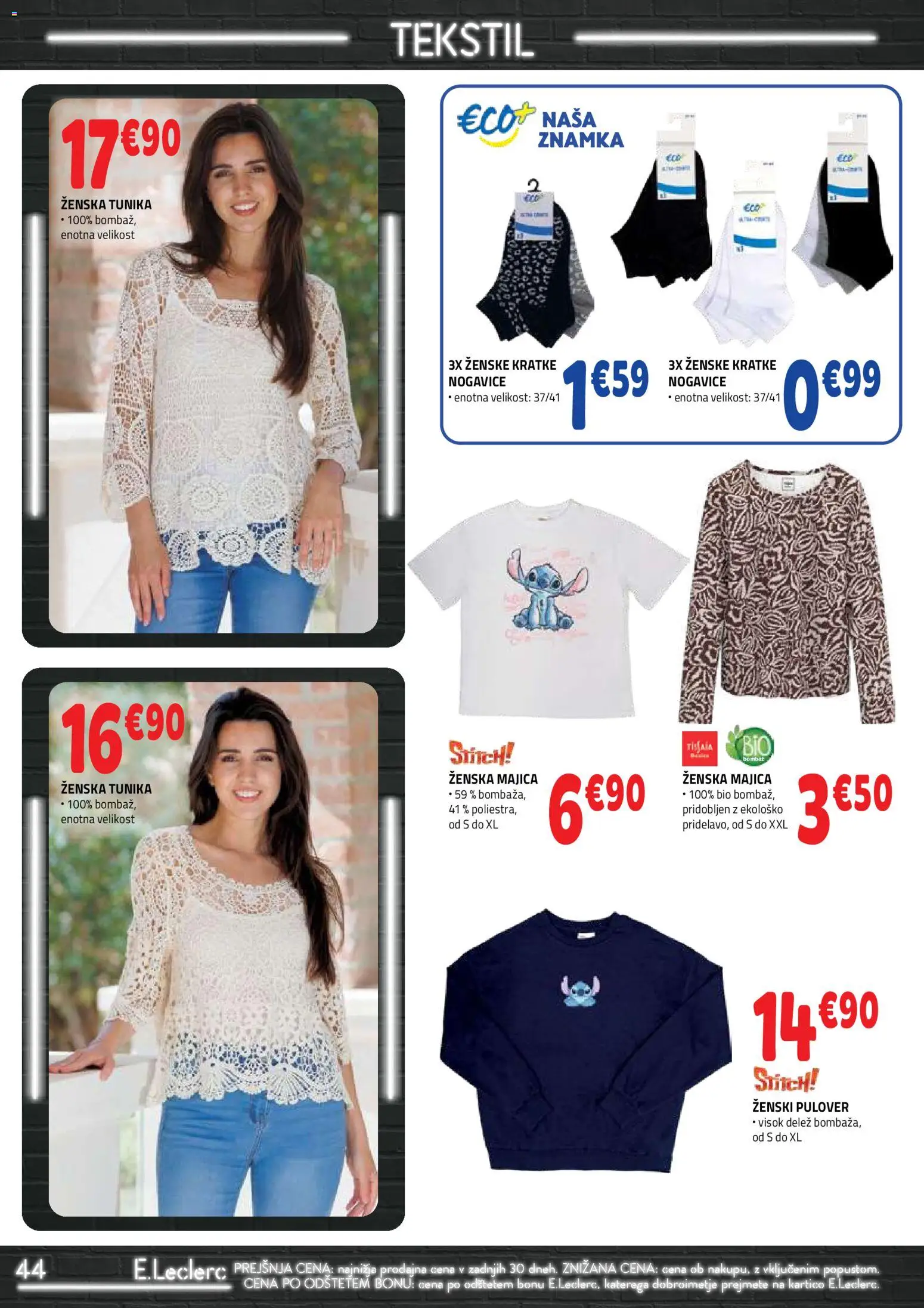 Novi E.leclerc katalog ponudbe – veljaven od 09.09.2026 | Stran: 44 | Izdelki: Tunika, Majica, Pulover, Nogavice