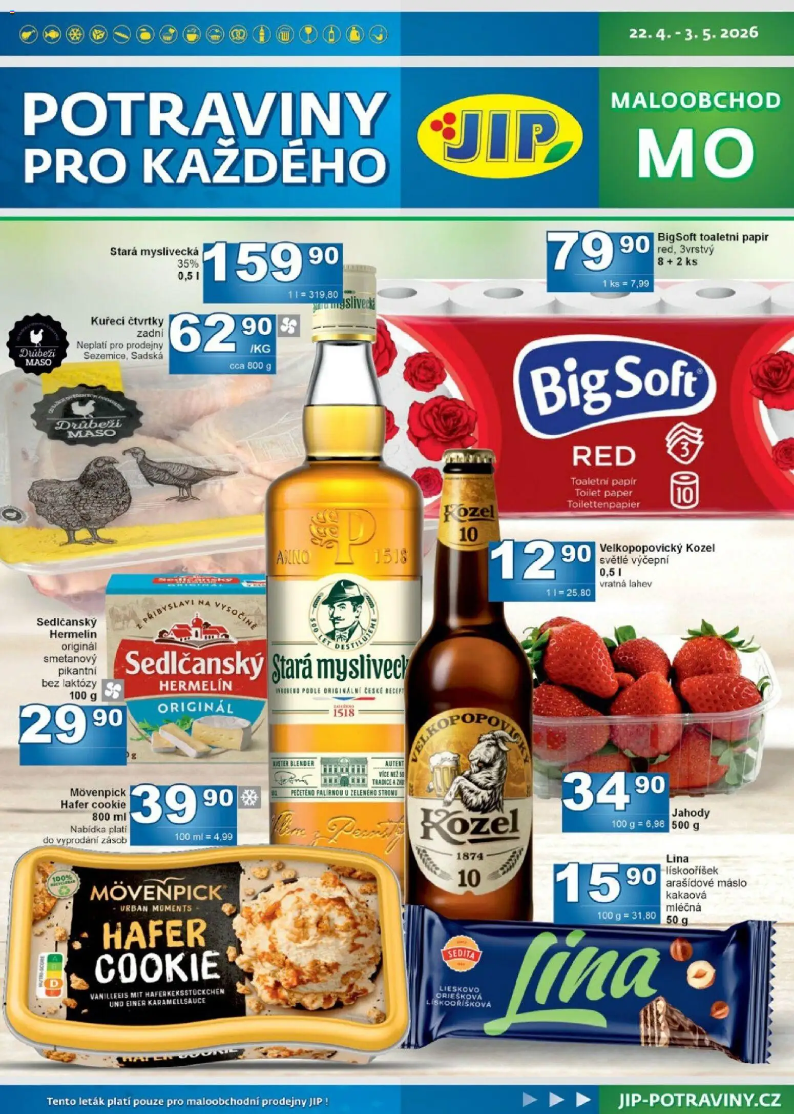 Jip leták od 22.04.2026 | Strana: 1 | Produkty: Kuřecí čtvrtky, Jahody, Stará myslivecká, Potraviny